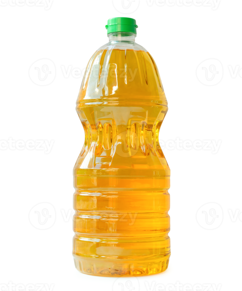 Yellow cooking vegetable oil in medium plastic bottle isolated with clipping path and shadow in png file format