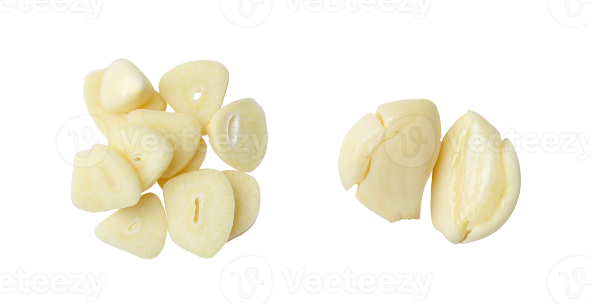 Top view set of pounded peeled garlic cloves and slices isolated with clipping path in png file format