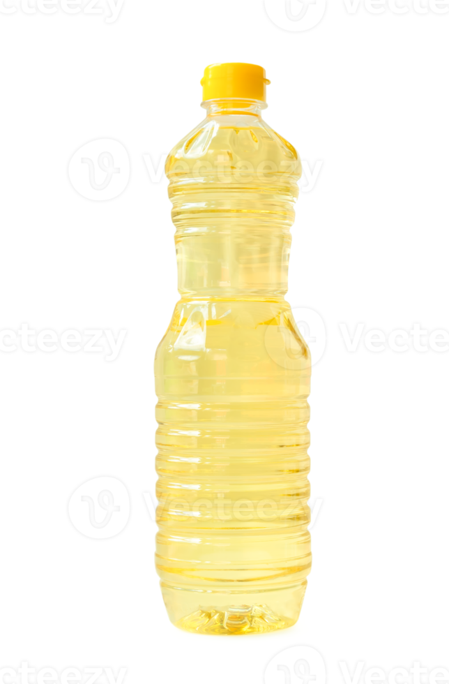 Light yellow cooking or vegetable oil in small plastic bottle isolated with clipping path in png file format