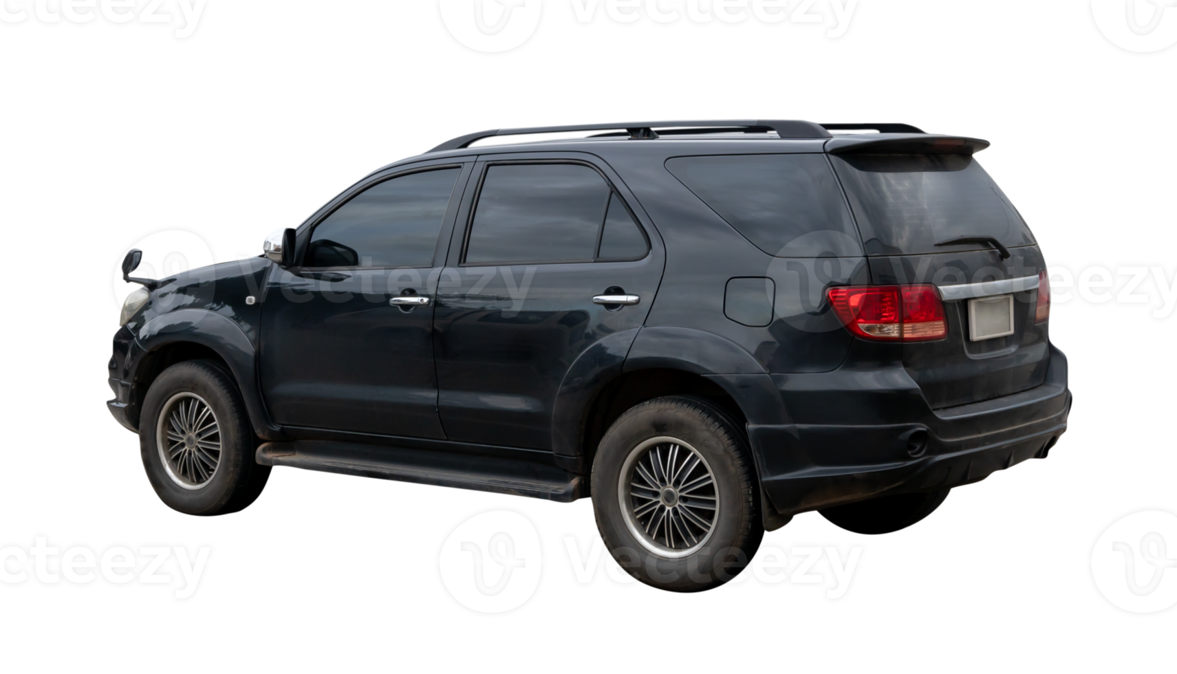 Back side view of black luxurious SUV car isolated with clipping path in png file format