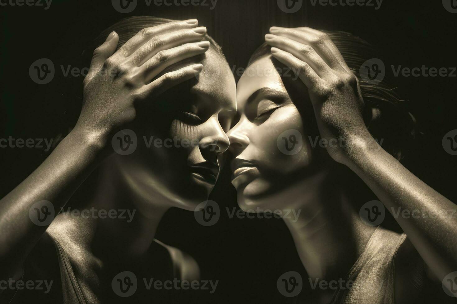 AI generated two women with dark hair standing close together, holding each other's heads in their hands, creating an intimate and affectionate scene. They seem to be enjoying a quiet and tender moment, sharing their love and connection with each other. photo