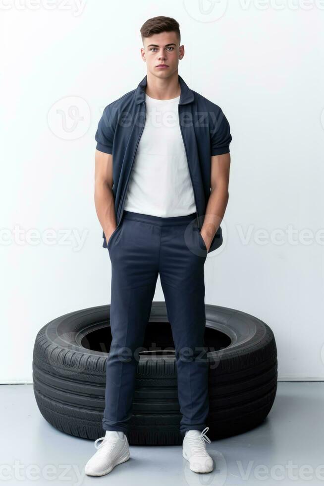 AI generated a fashionable young man dressed in a blue shirt and a jacket, striking a pose next to a large tire. It appears that he's either preparing for an outdoor adventure or showcasing his stylish outfit in a unique setting. photo