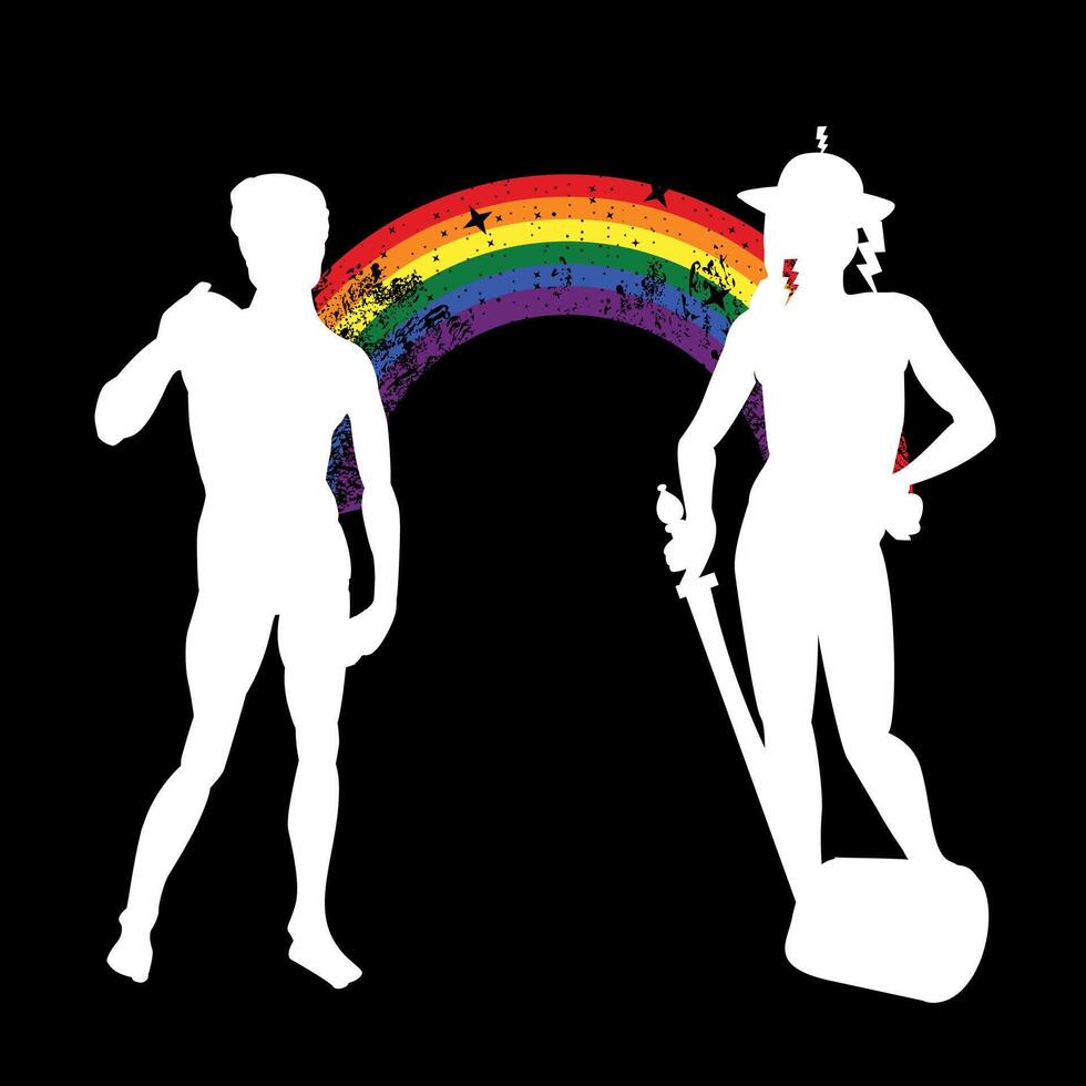 T-shirt design of the silhouette of two naked men united by a rainbow. David by Michelangelo and David by Raphael. Gay pride. vector