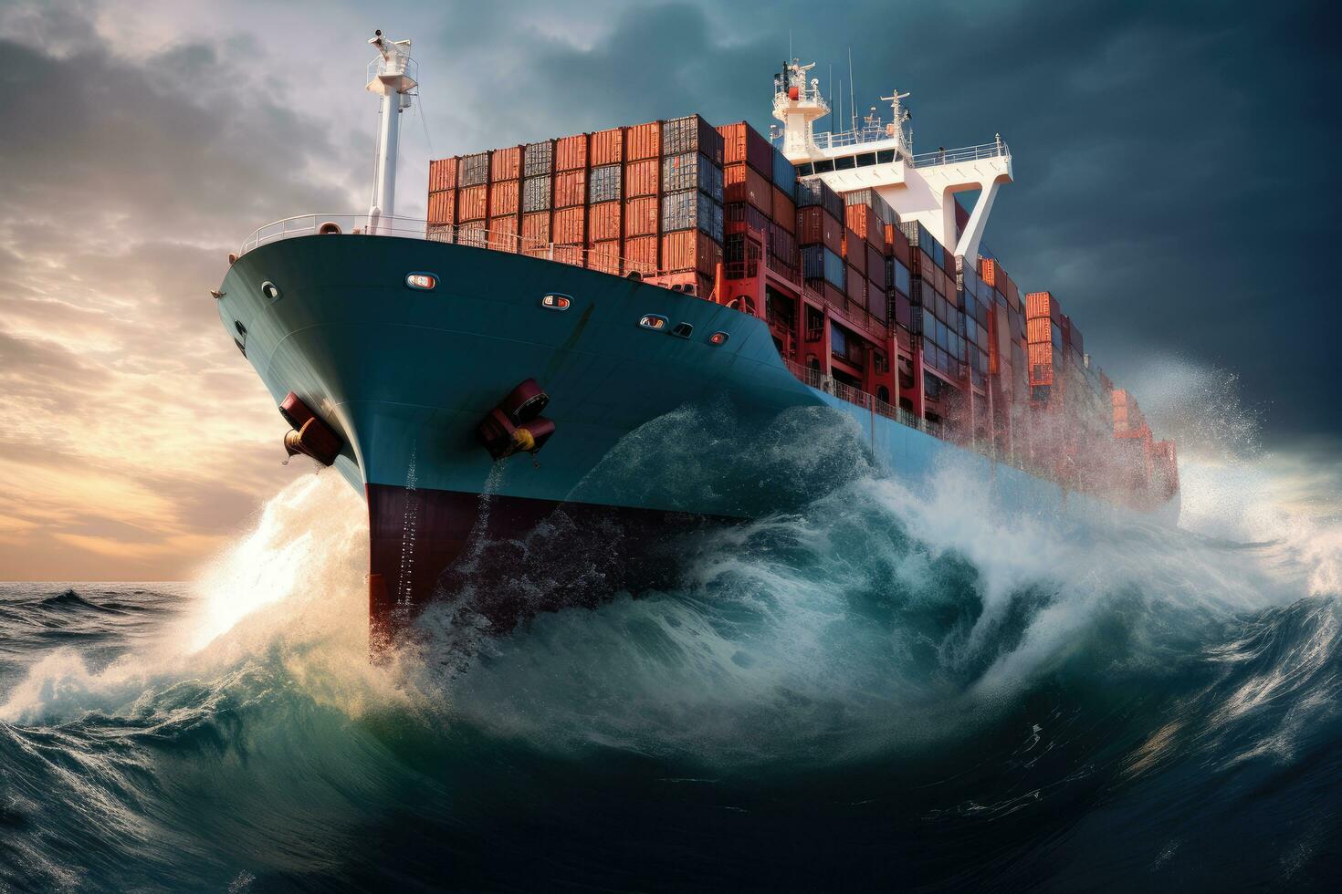 AI generated Container Cargo freight ship in the storm sea Ai generator photo