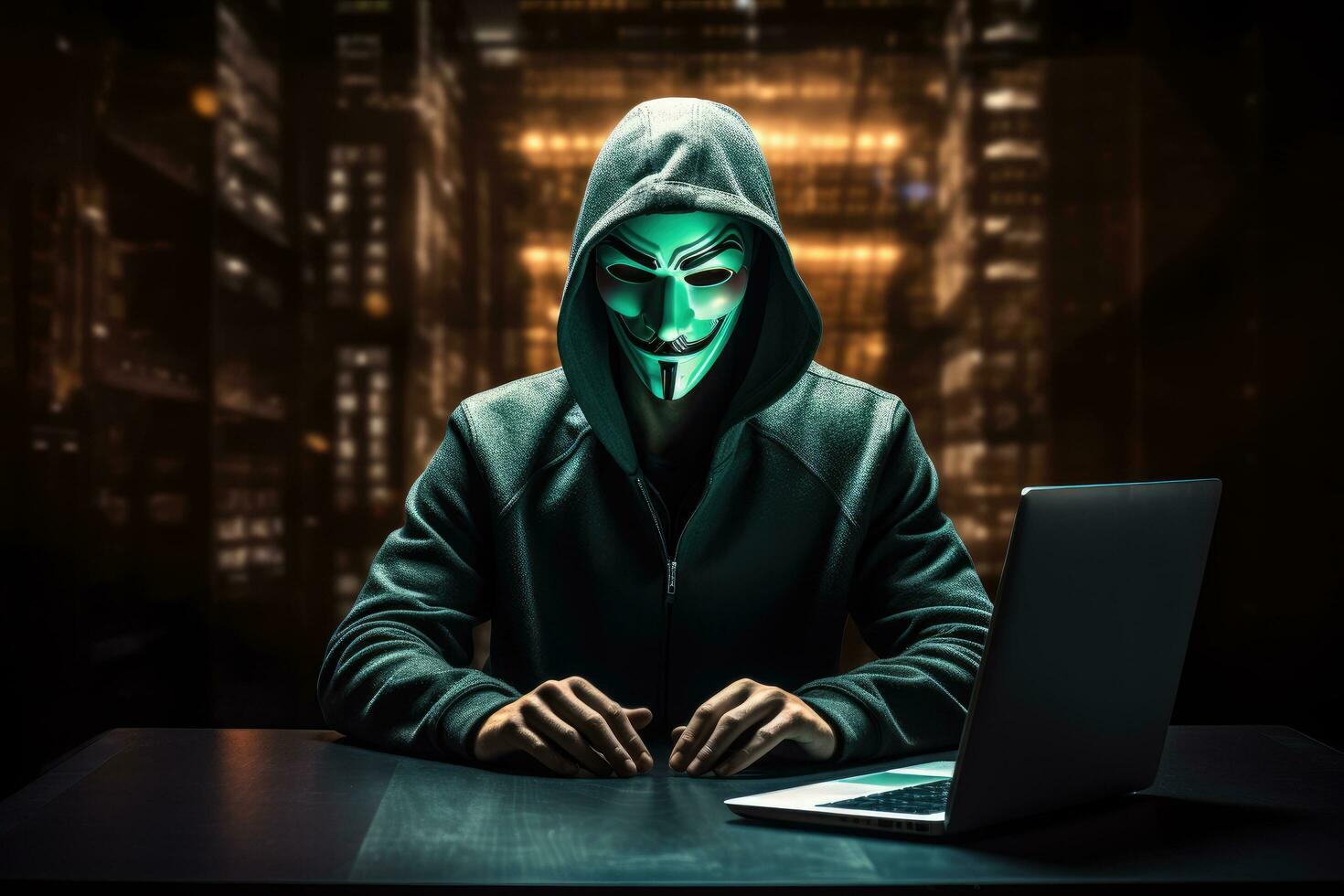 AI generated A hacker wearing anonymous mask and hacking pc. Ai generated photo