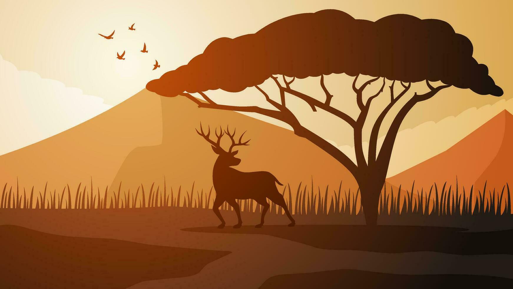 Savanna deer landscape vector illustration. Scenery of deer silhouette and african tree with sunset sky. Deer wildlife landscape for illustration, background or wallpaper