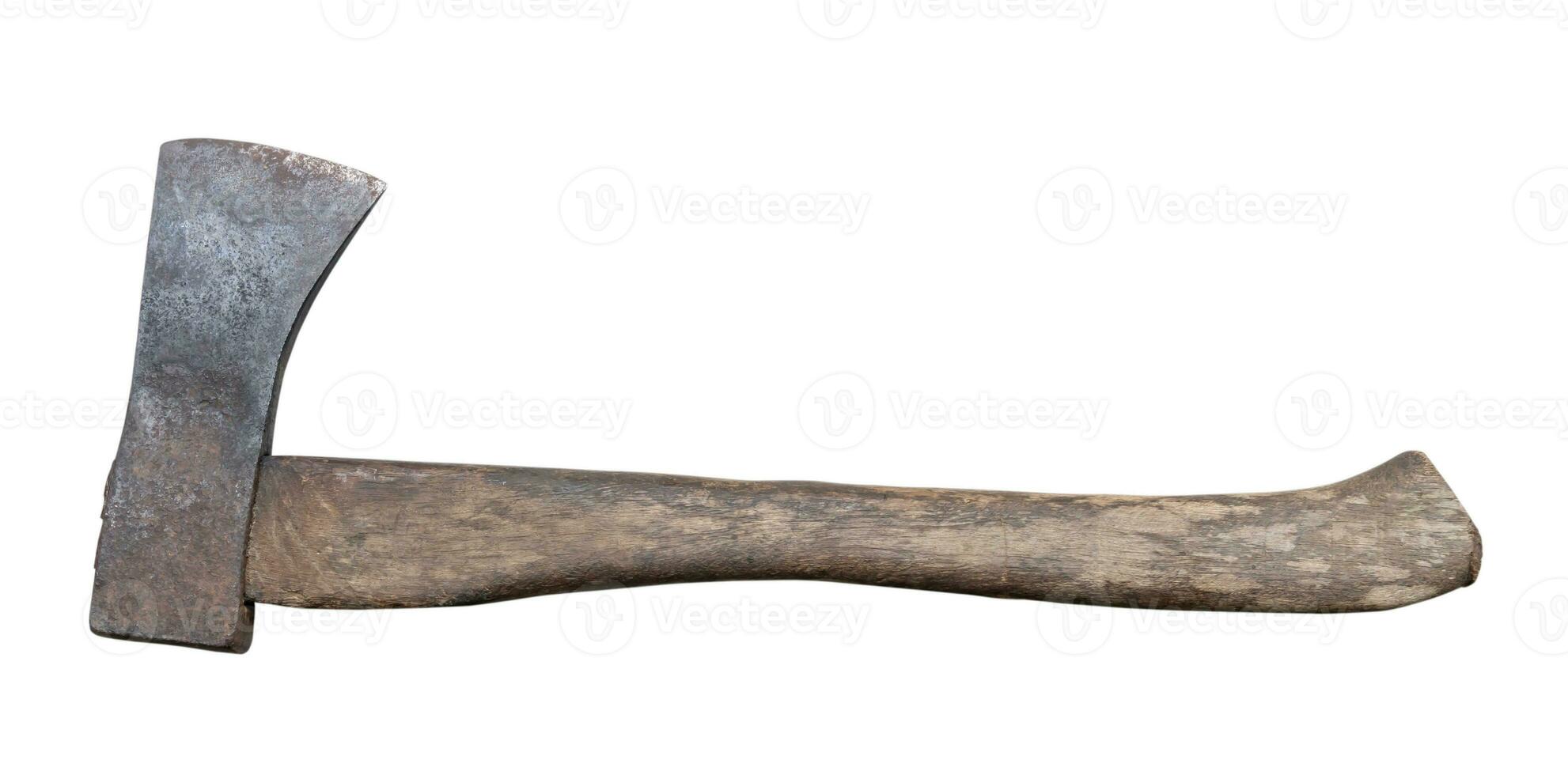 Old rust dirty dark gray axe with brown wooden handle isolated on white background with clipping path photo