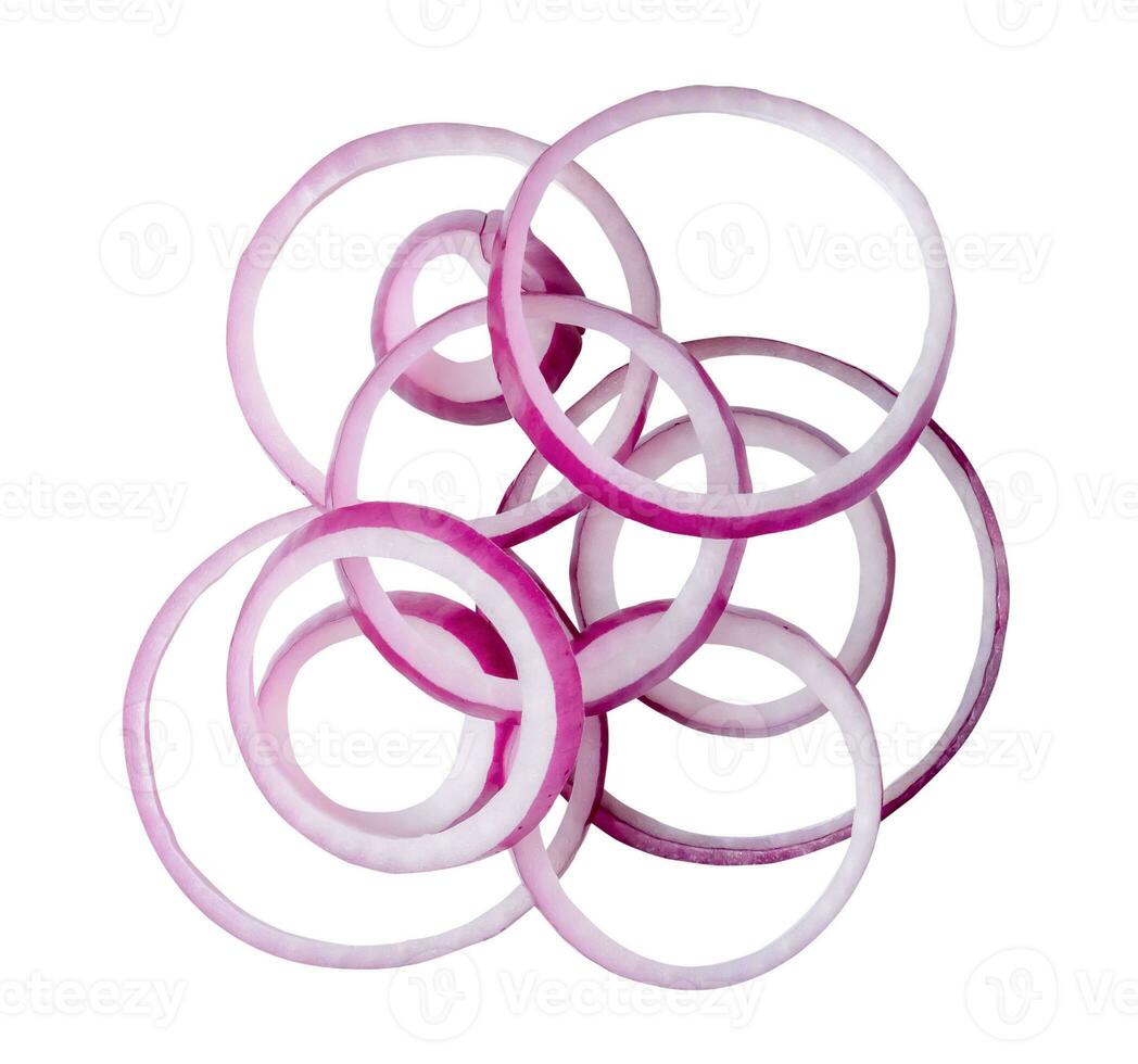 Onion slices or rings in stack isolated on white background with clipping path. Top view and flat lay photo