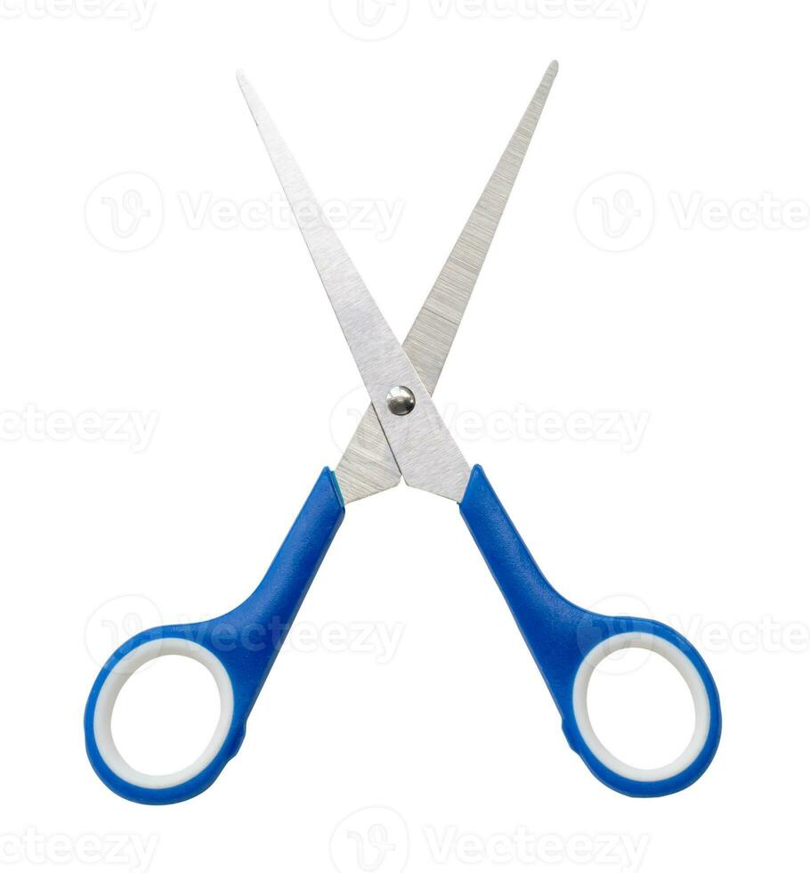 Small multipurpose scissors with blue handle isolated on white background with clipping path photo