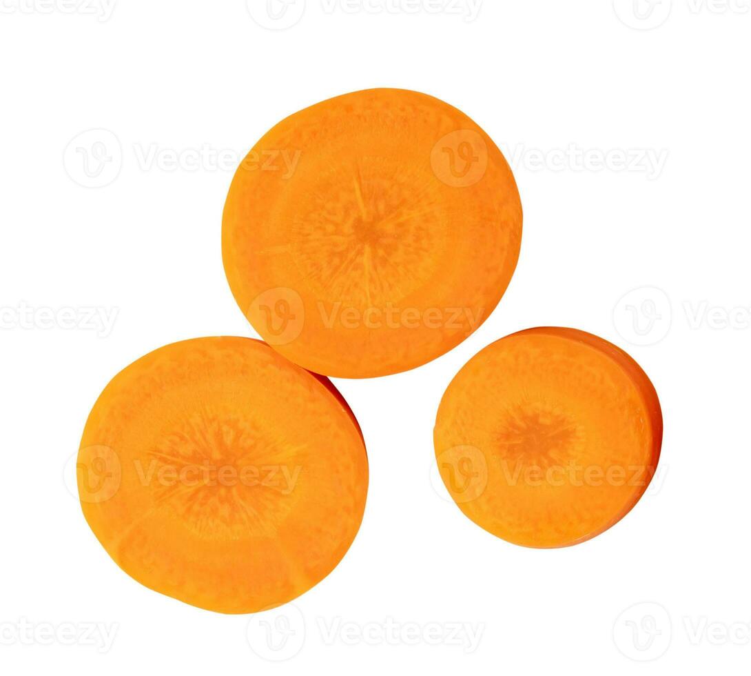 Top view of beautiful orange carrot slices in set isolated on white background with clipping path photo