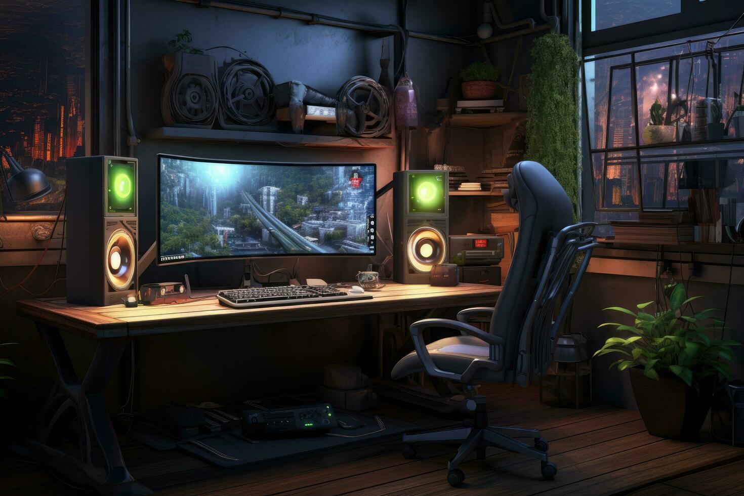 AI generated Futuristic gaming room with monitors and computers, 3d rendering of a computer room with a lot of gaming equipment , AI Generated photo