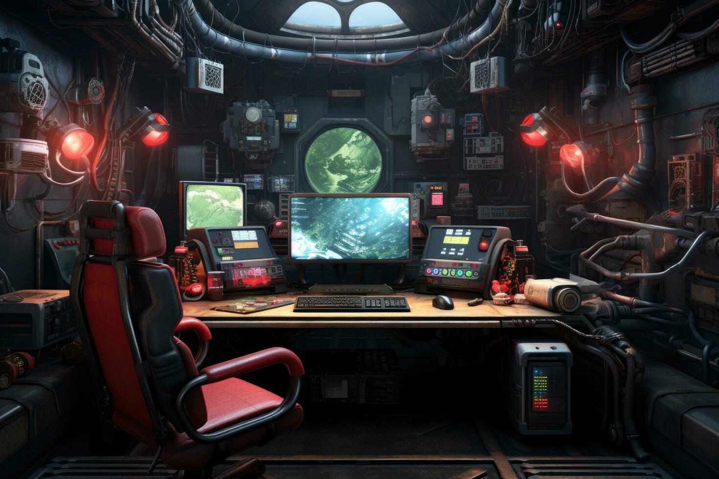 AI generated Futuristic gaming room with monitors and computers, 3d rendering of a computer room with a lot of gaming equipment , AI Generated photo