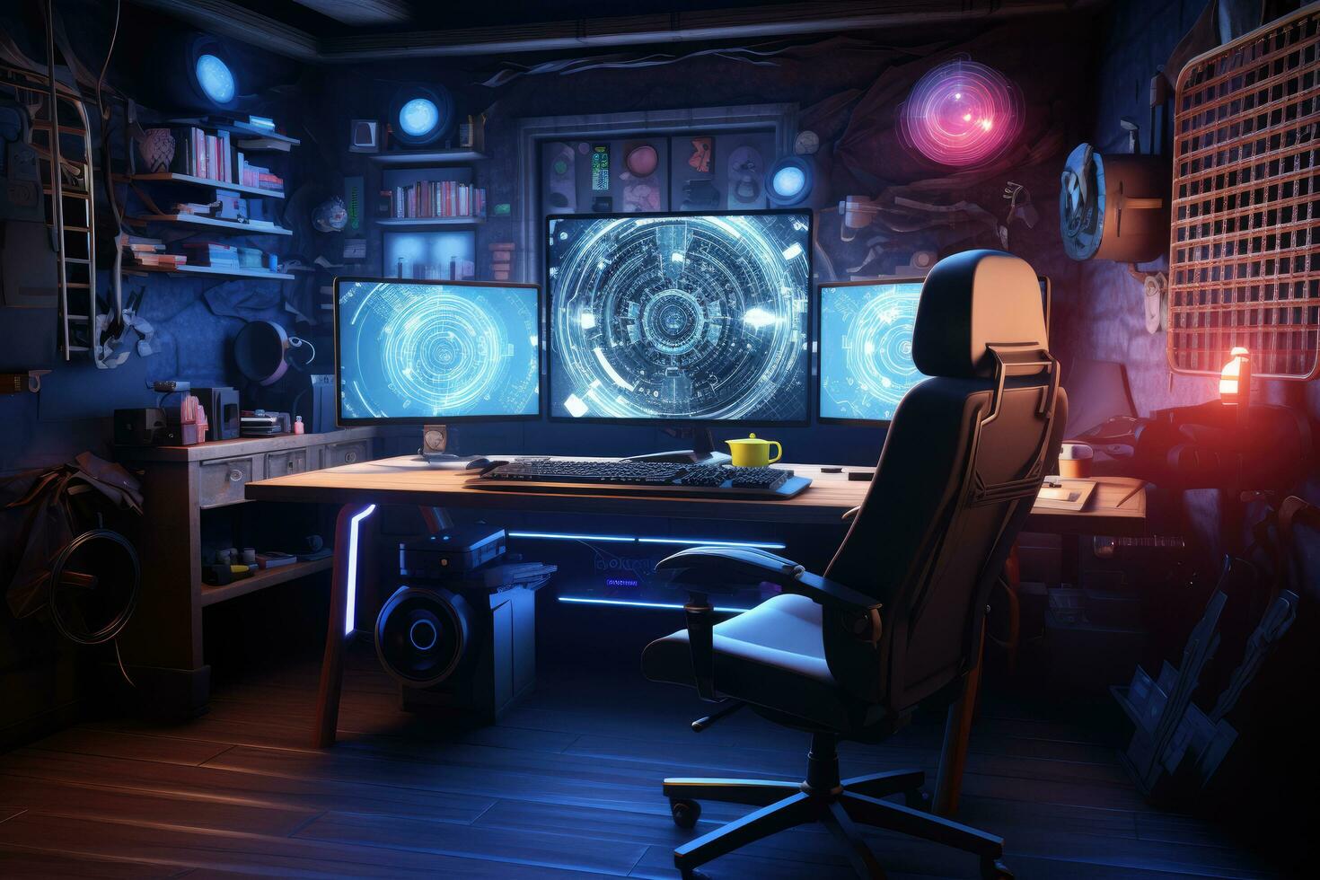 AI generated Futuristic gaming room with monitors and computers, 3d rendering of a computer room with a lot of gaming equipment , AI Generated photo