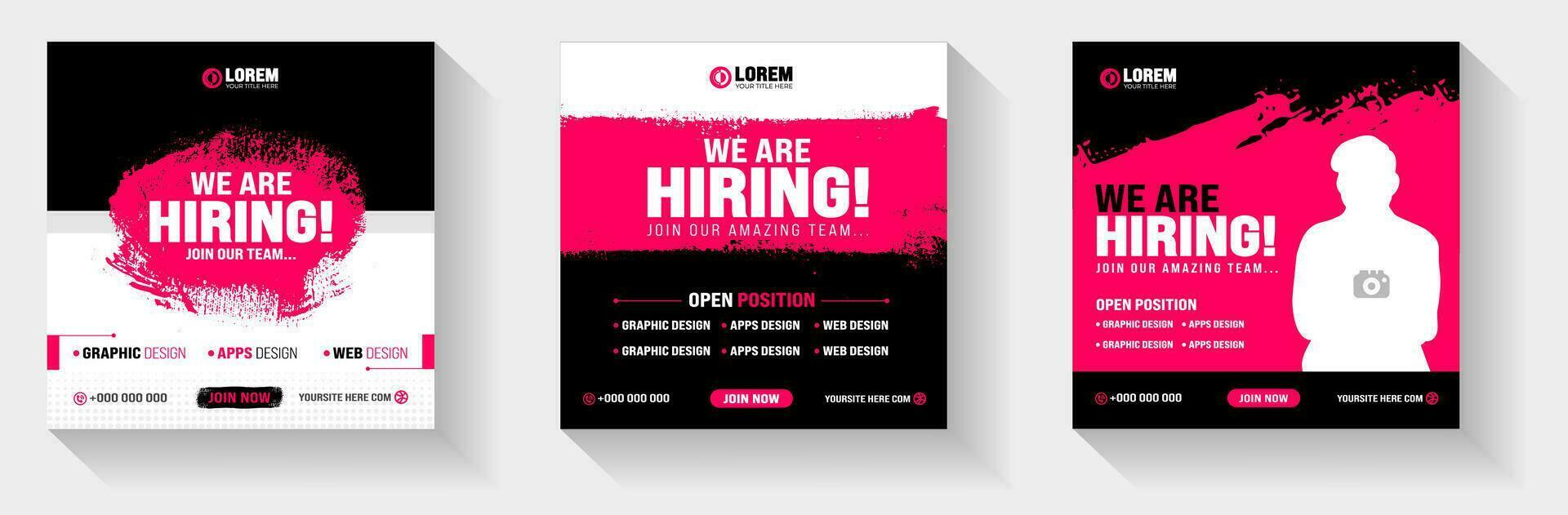 watercolor paint brush strokes texture We are hiring job vacancy social media post banner template with black and red color. Grunge brush stroke effect We are hiring social media post banner set. vector