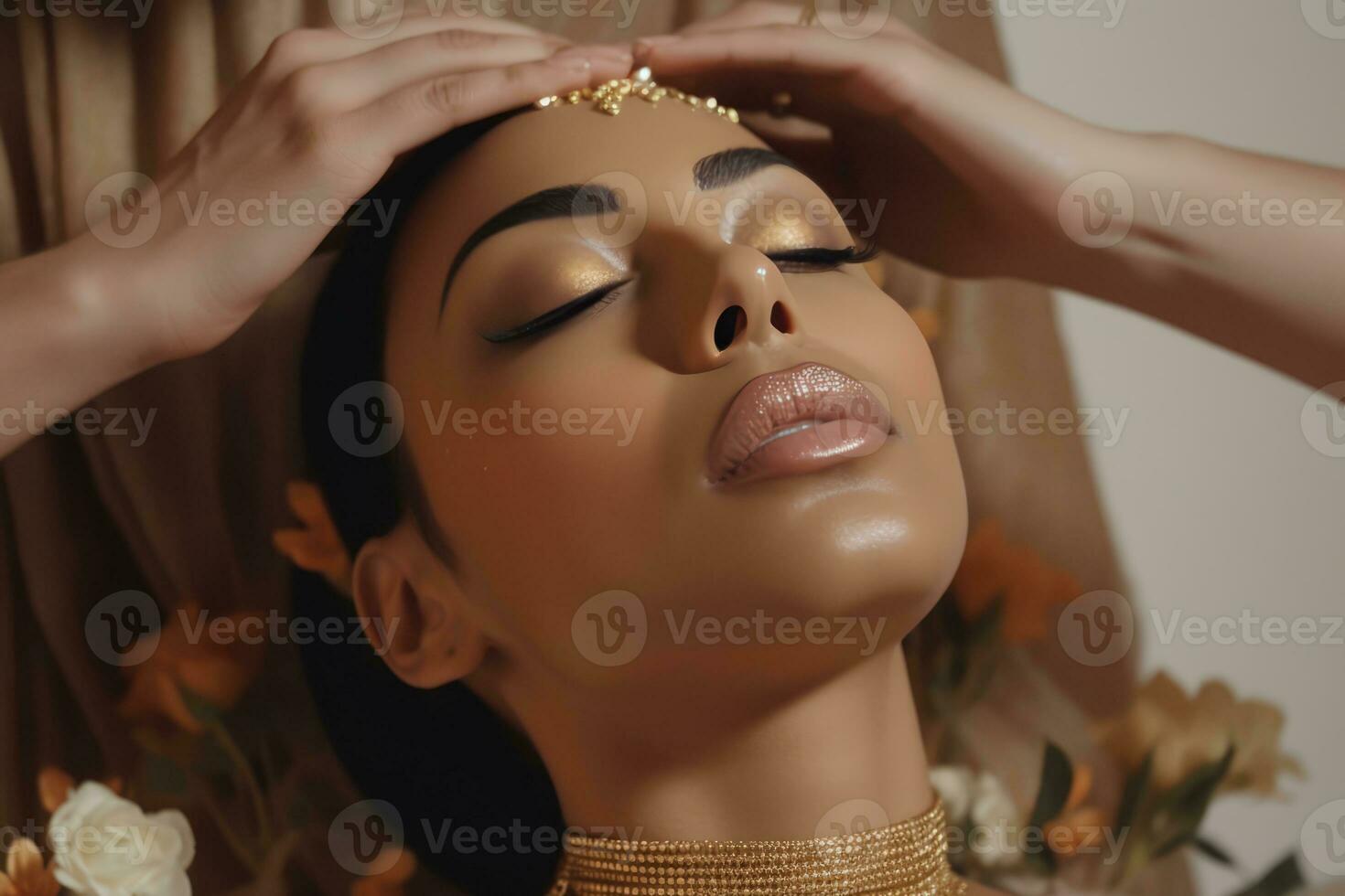 AI generated a woman enjoying a relaxing head massage. A person is gently pressing on her forehead, making her feel comforted and pampered. The woman's face appears peaceful and serene, indicating that she is enjoying the head massage. photo