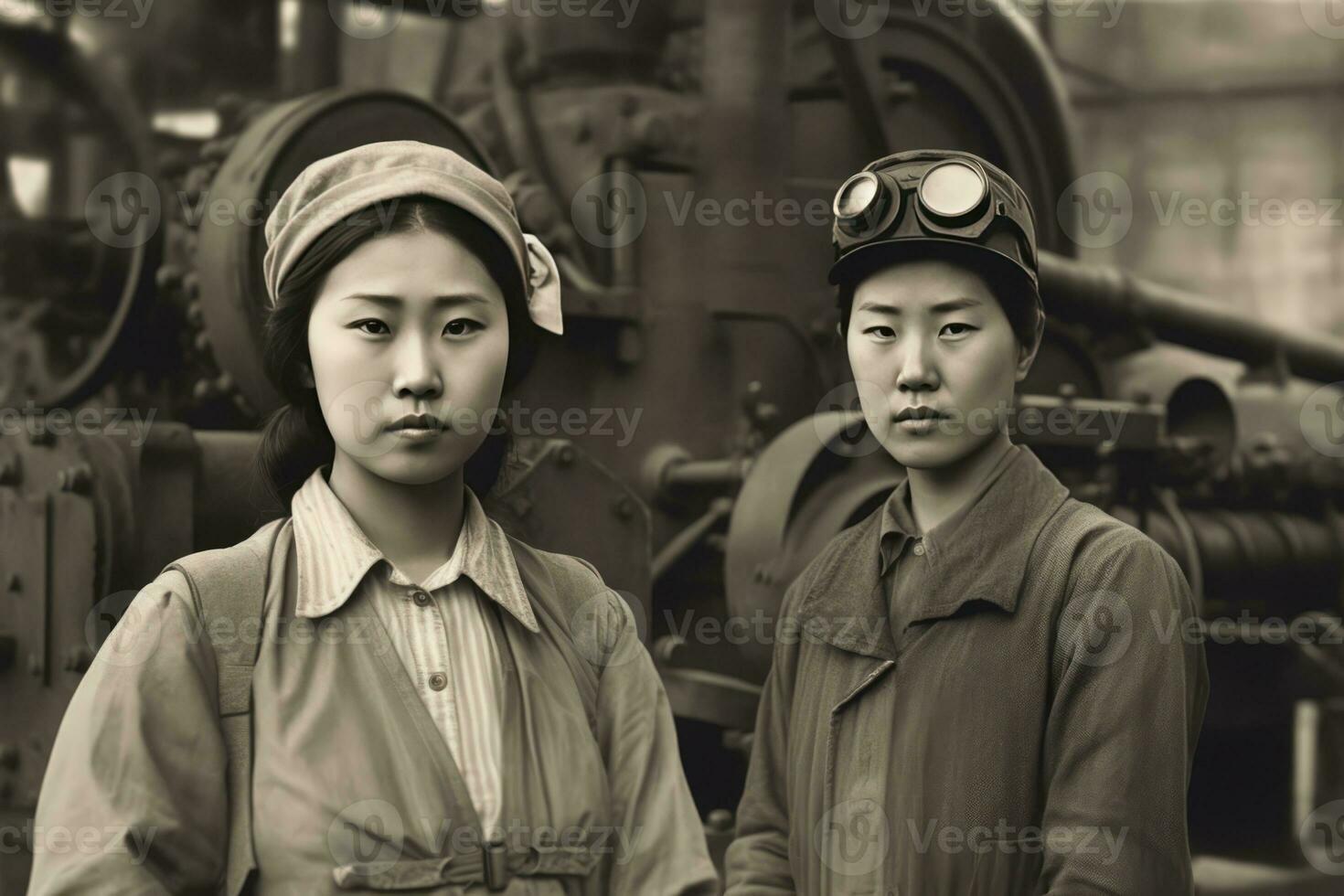 AI generated The black and white image showcases two women standing side by side in front of a large machine in what appears to be an industrial setting. They both look determined and strong, exemplifying the empowerment of women in the workplace. photo