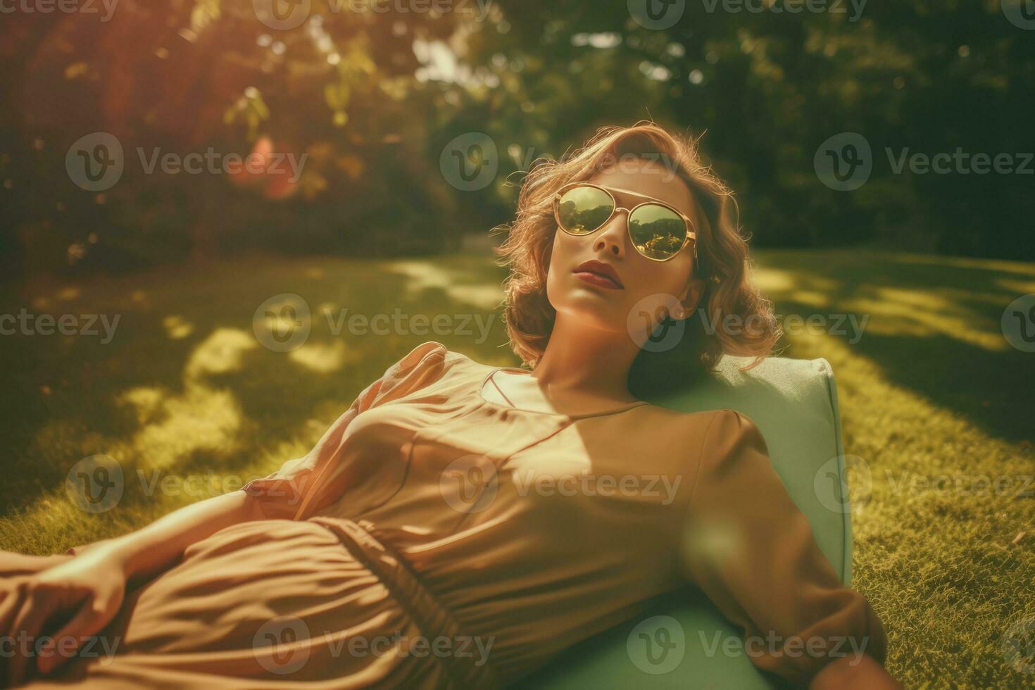 AI generated a beautiful woman wearing a vintage dress and lying down on a lawn. She is wearing sunglasses, which adds to the overall aesthetic of the scene. The photo has a sunny, outdoor vibe and showcases the woman's style and grace.