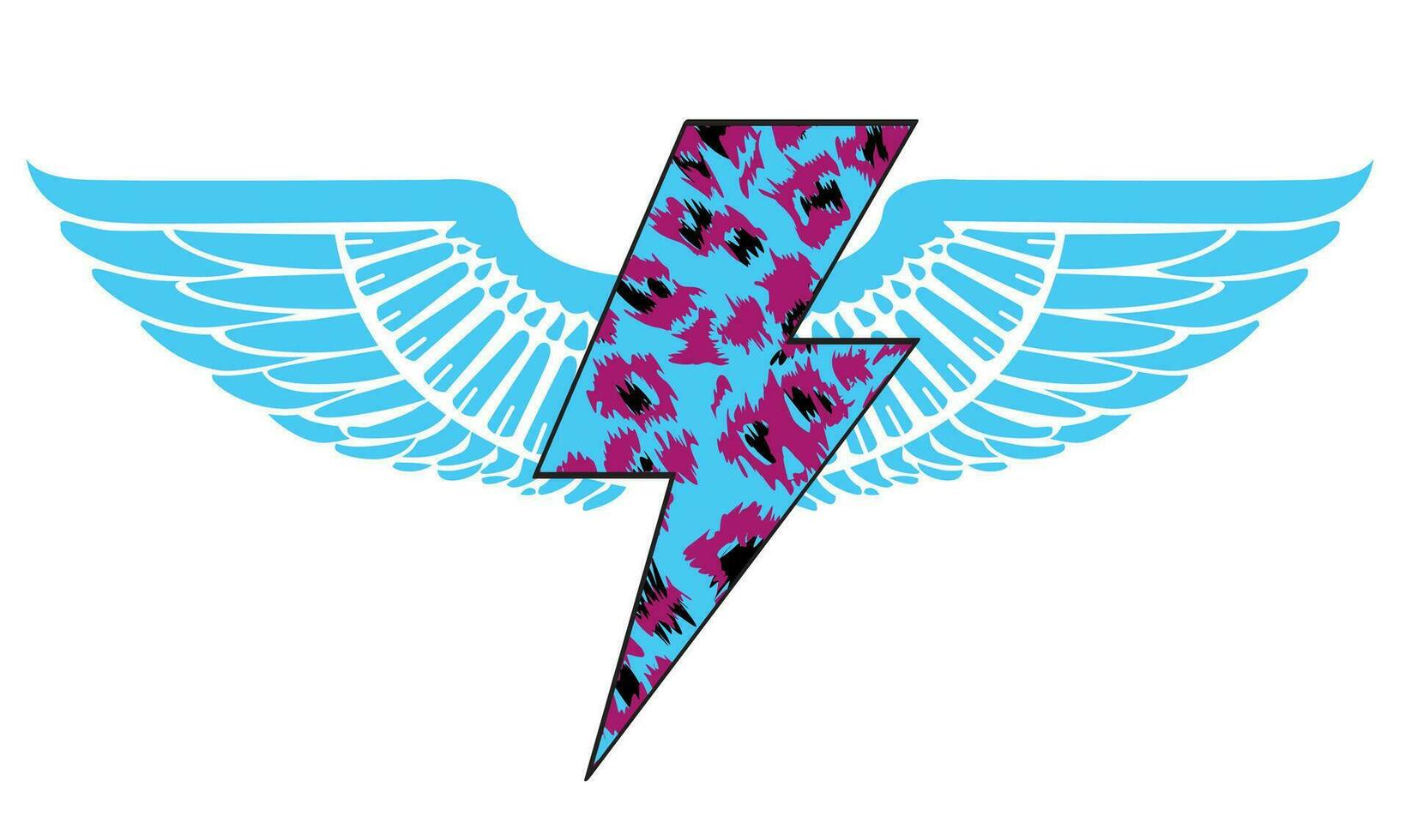 Design for t-shirt with animal print thunderbolt symbol and blue wings vector