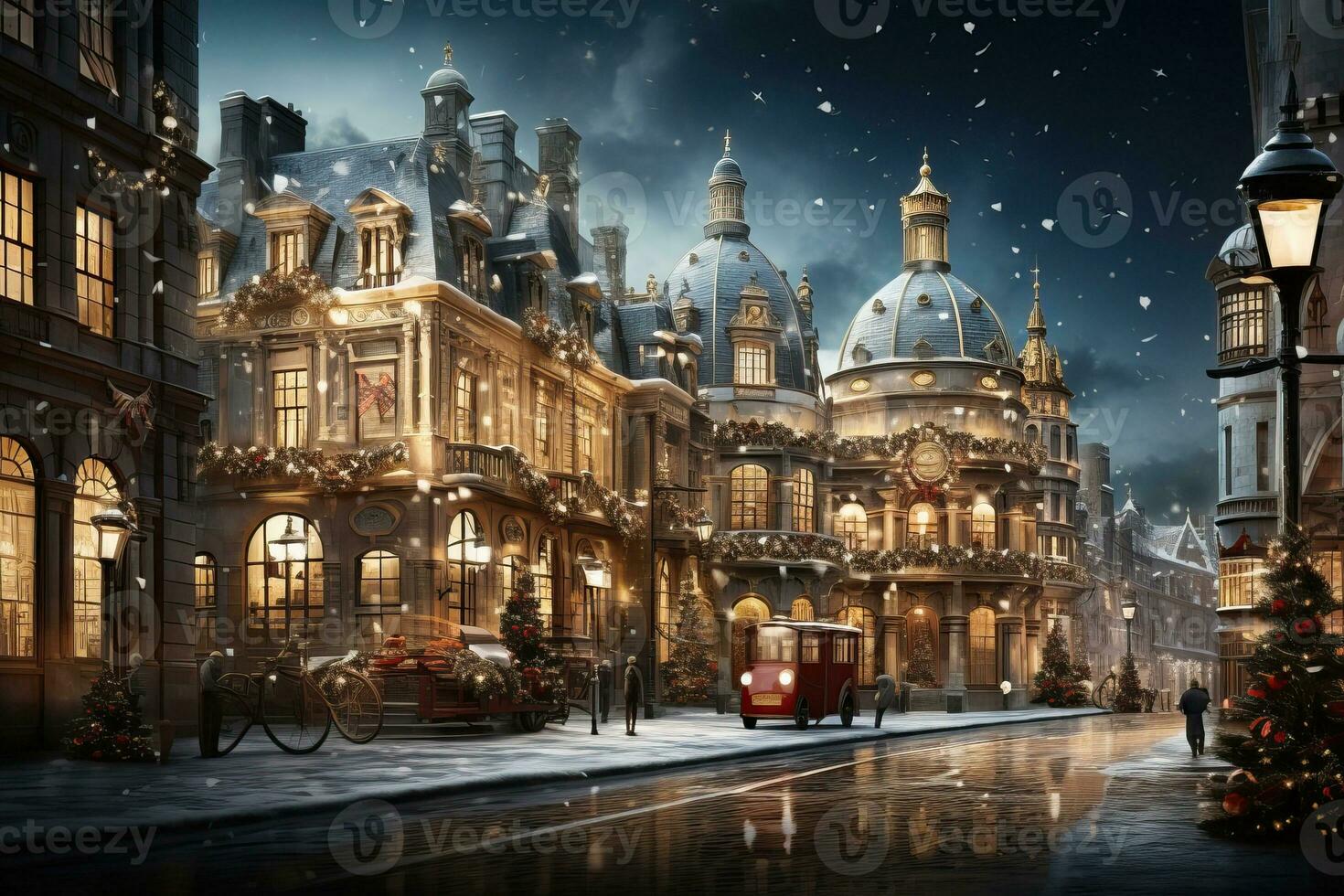 AI generated Winter cityscape snow covered streets lined with historical buildings adorned with festive lights and decorations photo