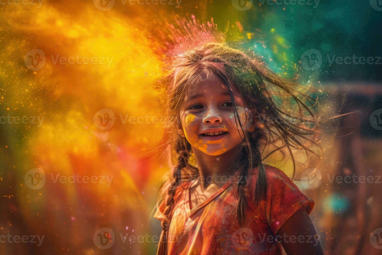 AI generated Colorful Hair Dye Splashing on a Little Girl's Face photo