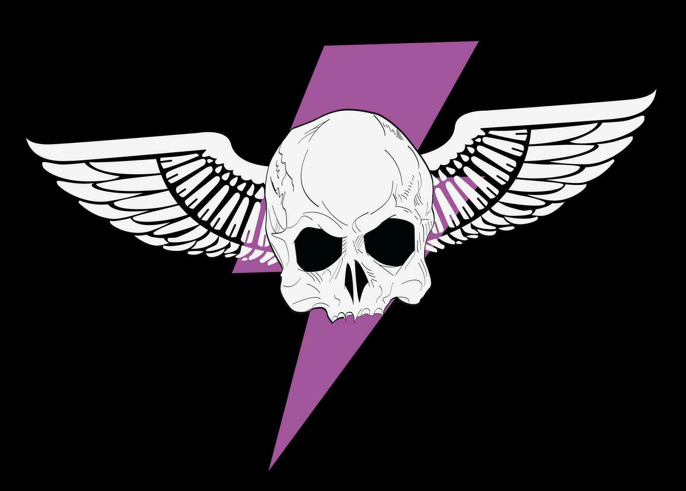 T-shirt design of a winged skull next to the thunder symbol isolated on black. Satanic illustration. vector
