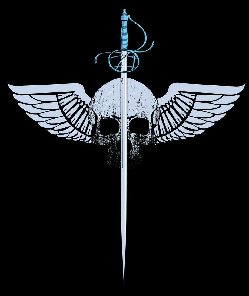 Winged skull t-shirt design with Toledo sword. vector