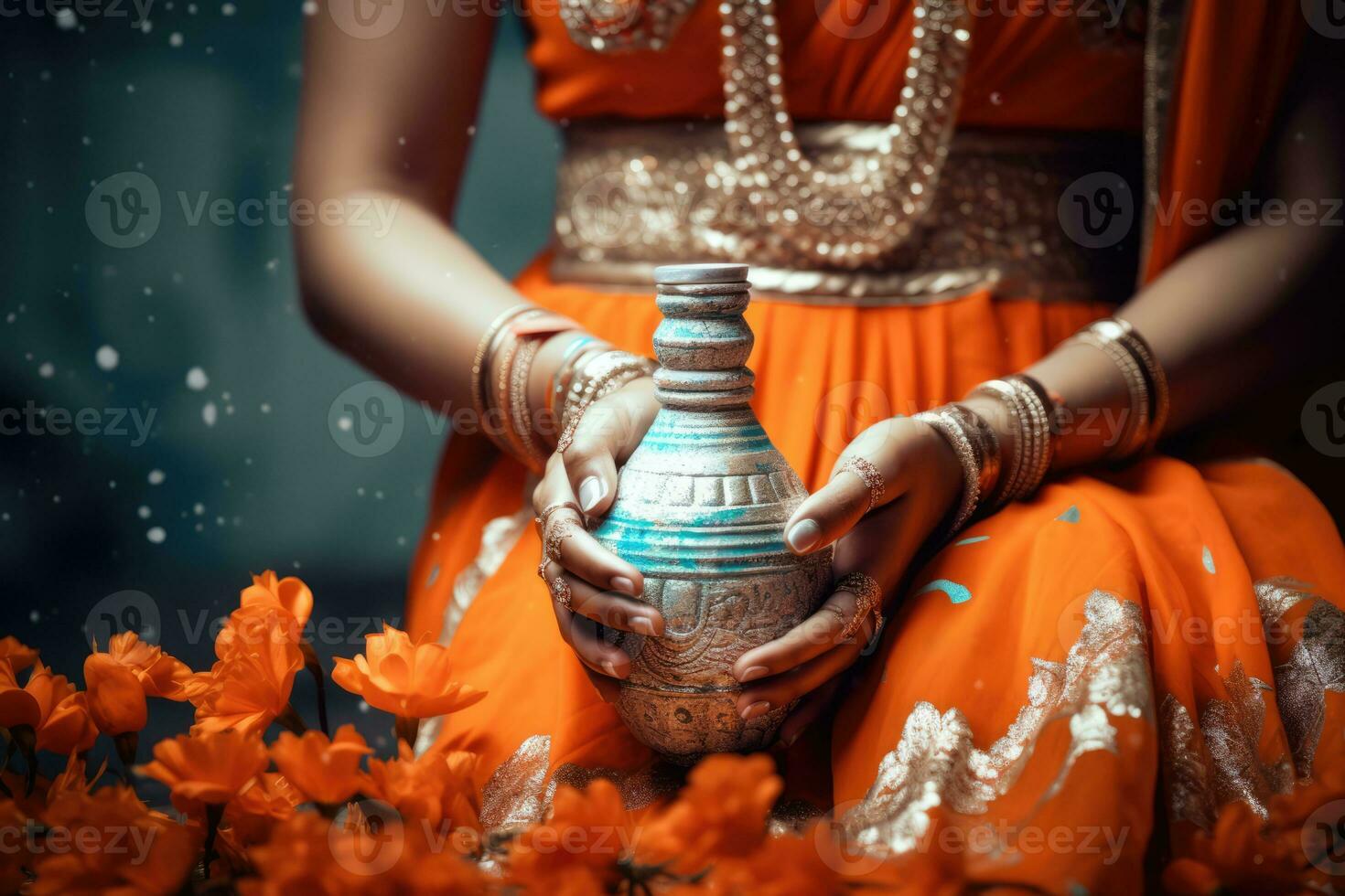 AI generated A Beautiful Indian Woman Dressed in Orange photo