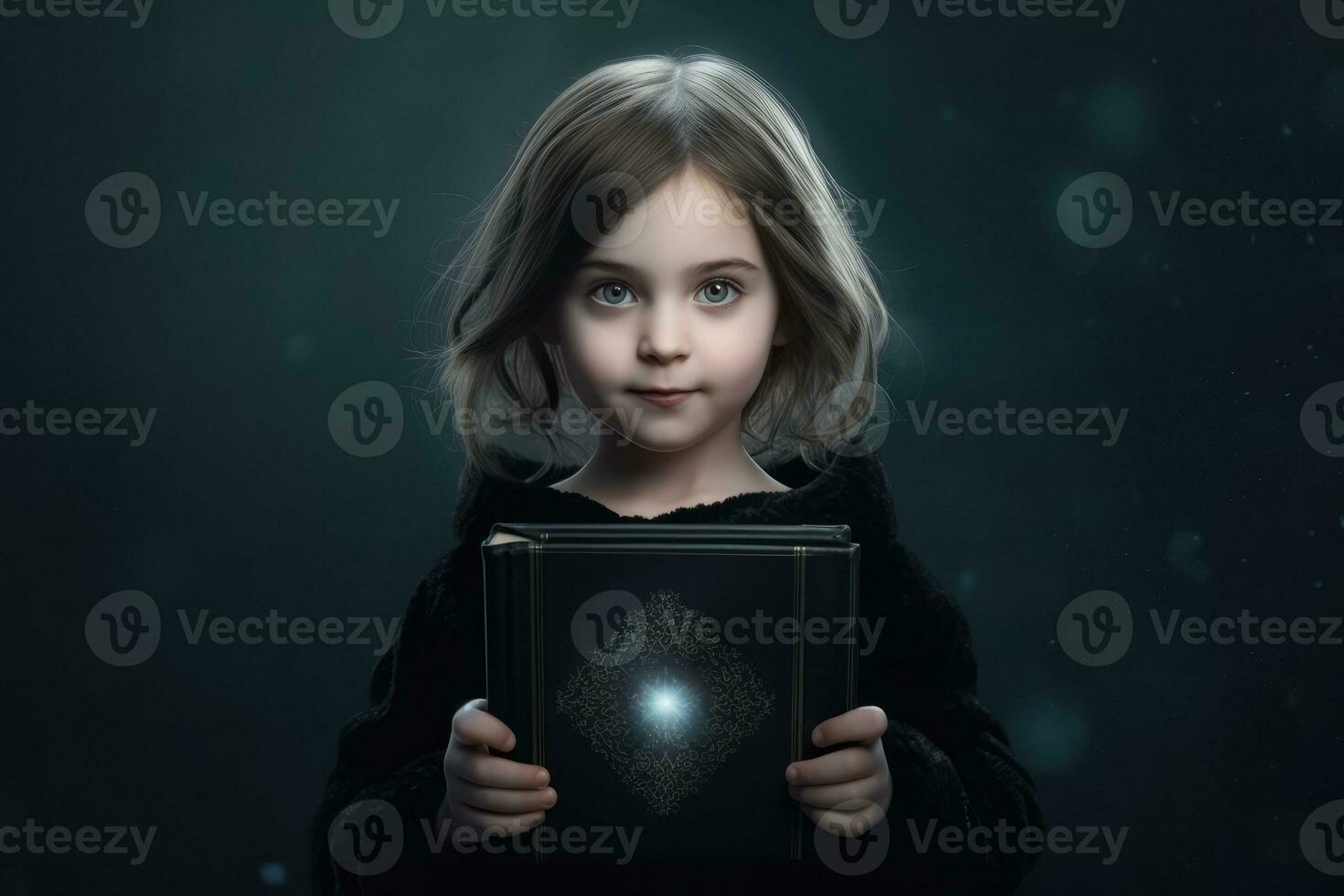 ai generado un pequeño niña sostiene un libro y lee a nosotros foto