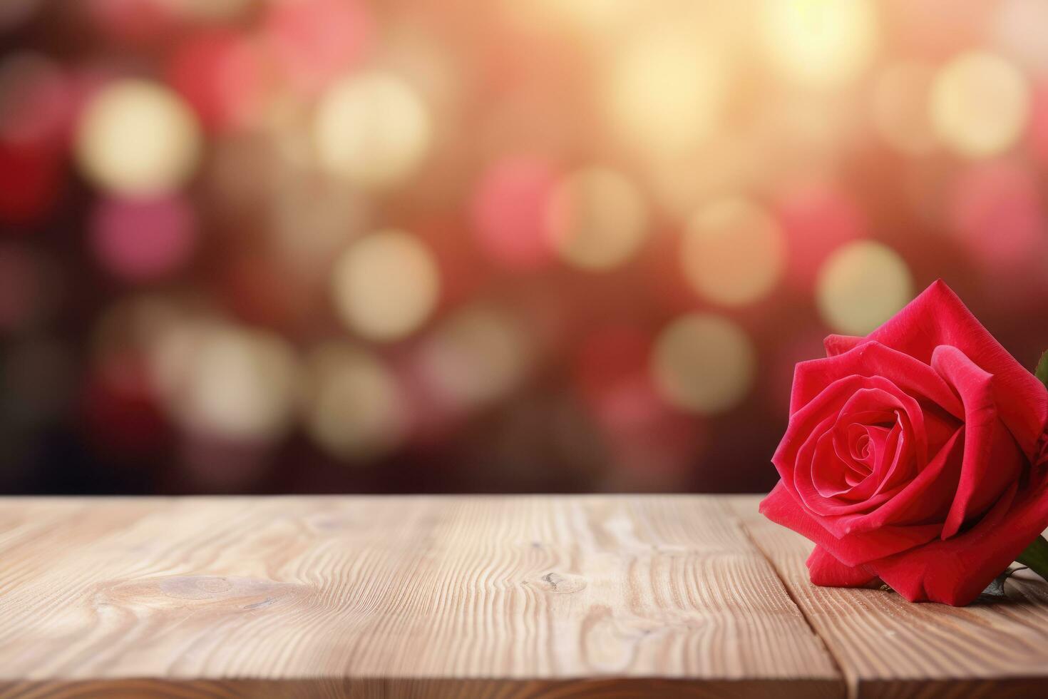 AI generated Empty wooden table top with flower and bokeh on blur background An empty wooden counter table top for product display Ai generated photo