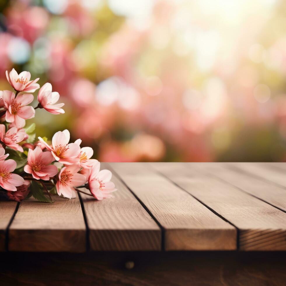 AI generated Empty wooden table top with flower and bokeh on blur background An empty wooden counter table top for product display Ai generated photo