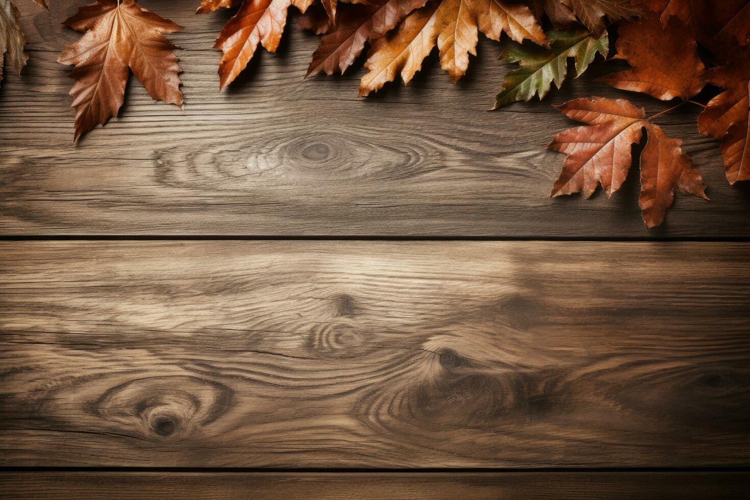 AI generated Empty wooden table top with leaf and bokeh on blur background An empty wooden counter table top for product display Ai generated photo
