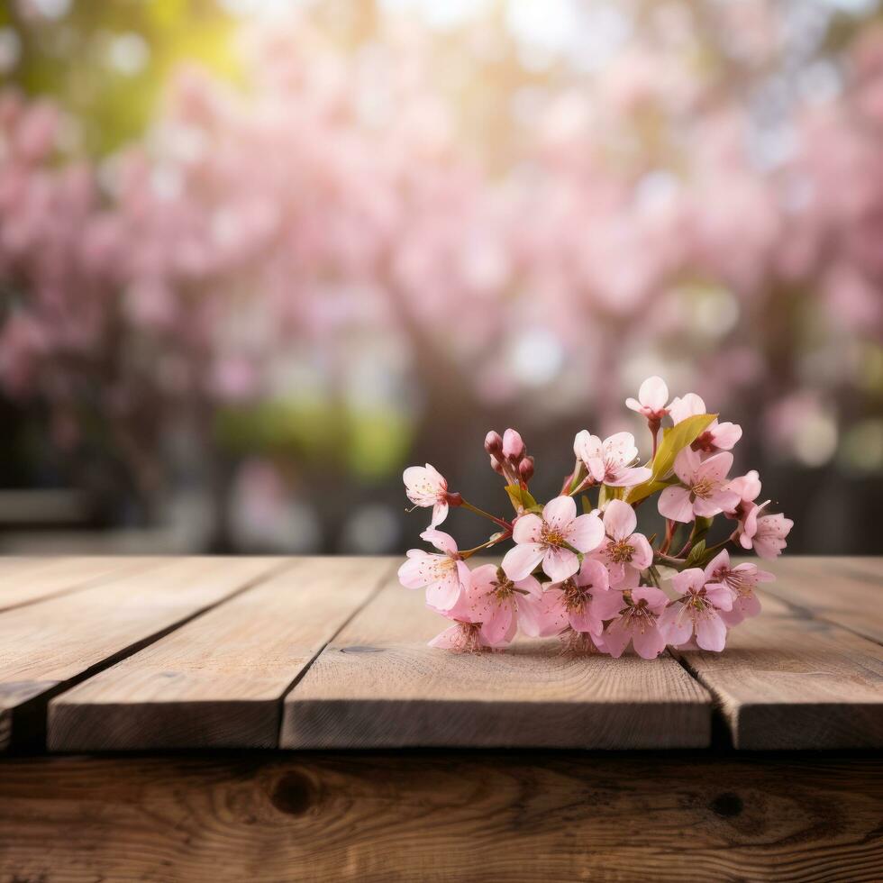AI generated Empty wooden table top with flower and bokeh on blur background An empty wooden counter table top for product display Ai generated photo