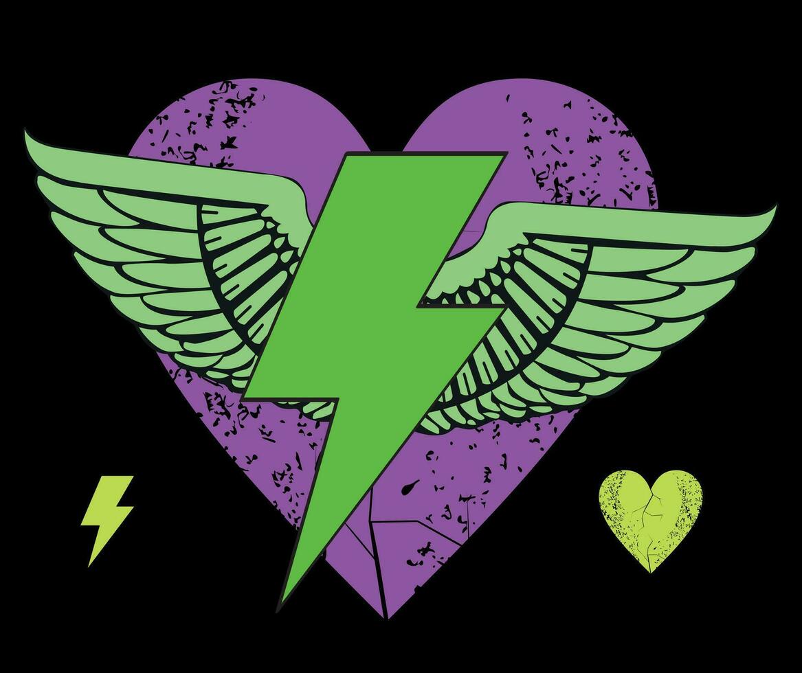 T-shirt design of the thunderbolt symbol with wings over a violet heart. vector