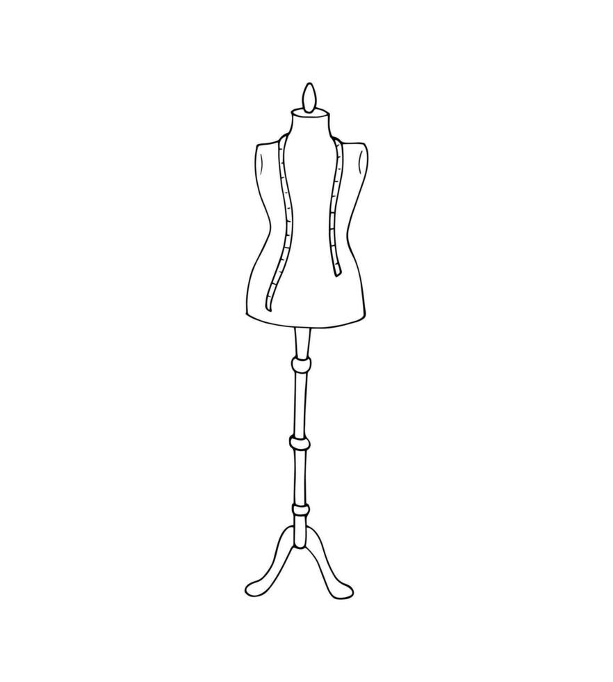 Female mannequin on a metal stand with measuring tape. Tailoring equipment. Hand-drawn vector illustration, isolated on a white background.