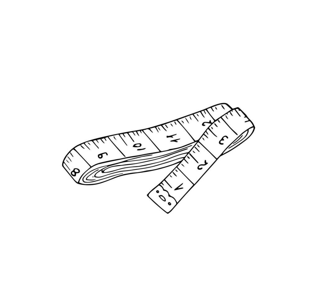 Measuring tape outline doodle illustration. Hand-drawn sketch of metric ribbon.  Centimeter tape. Tool for tailoring, atelier, fitness vector icon isolated