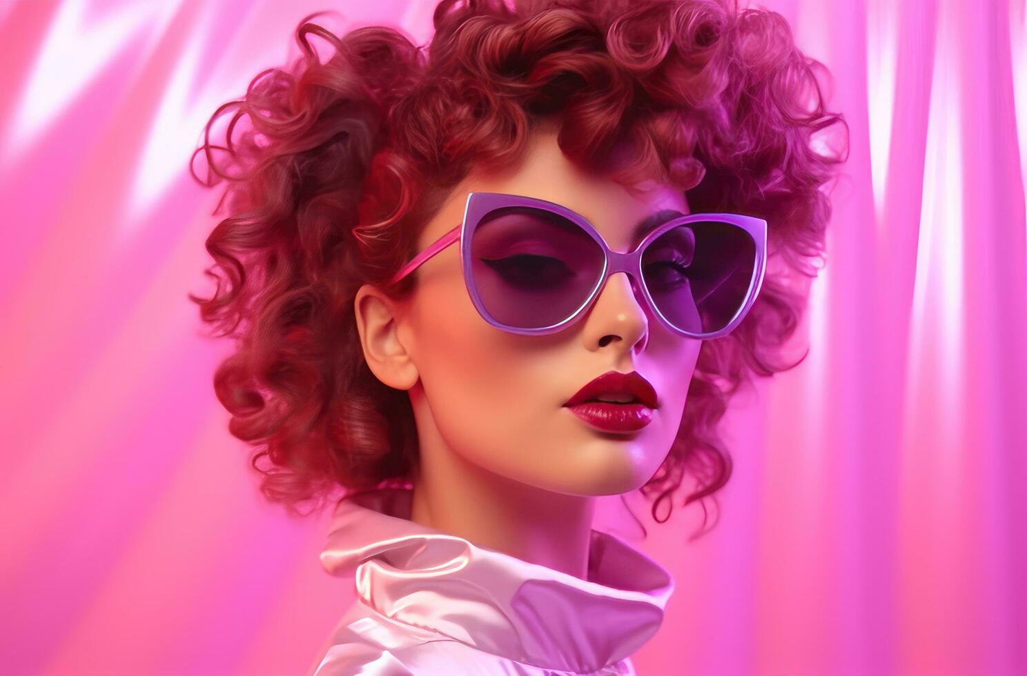 AI generated young glamorous woman wearing sunglasses behind pink light young woman photo