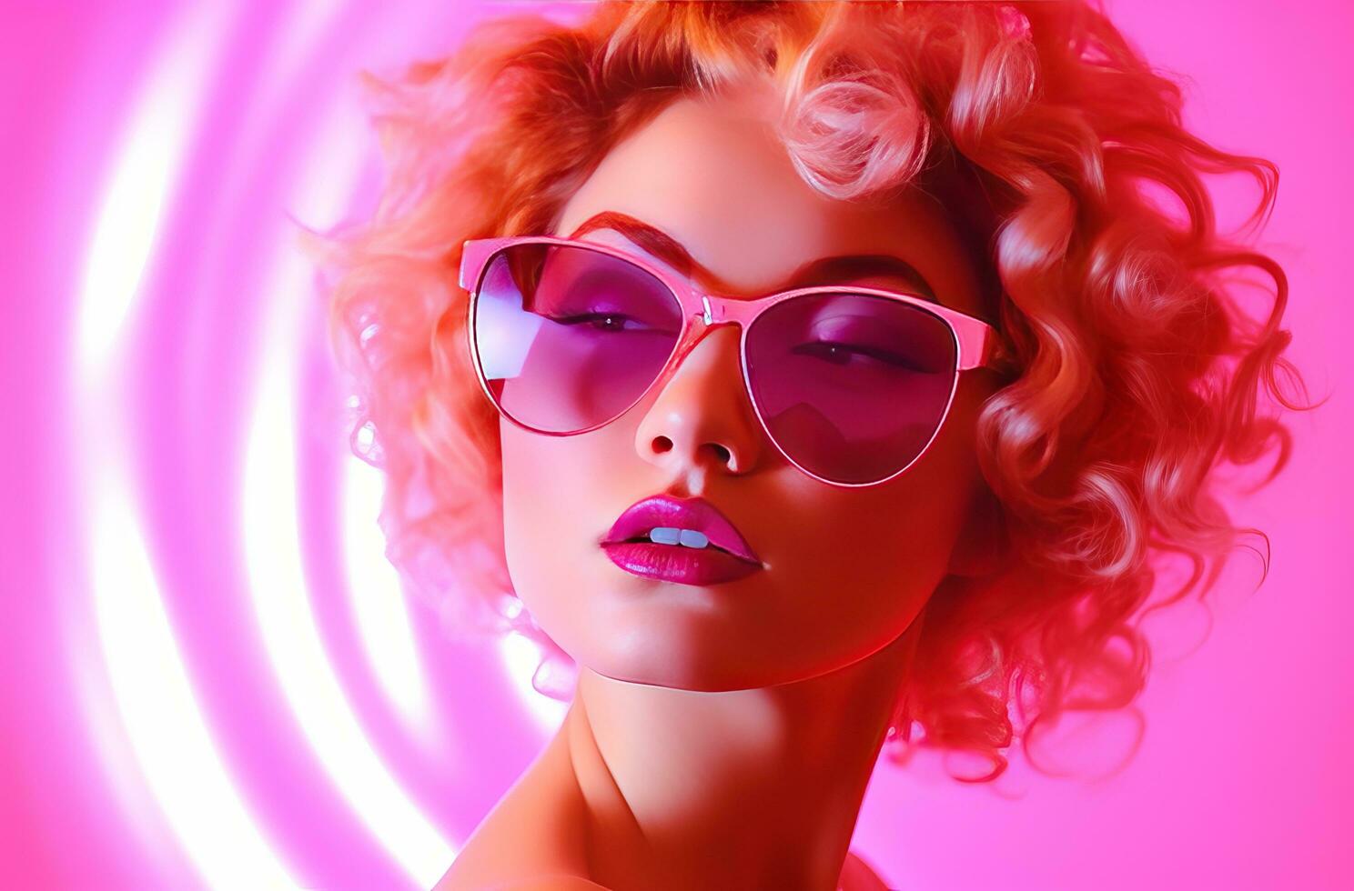 AI generated young glamorous woman wearing sunglasses behind pink light young woman photo