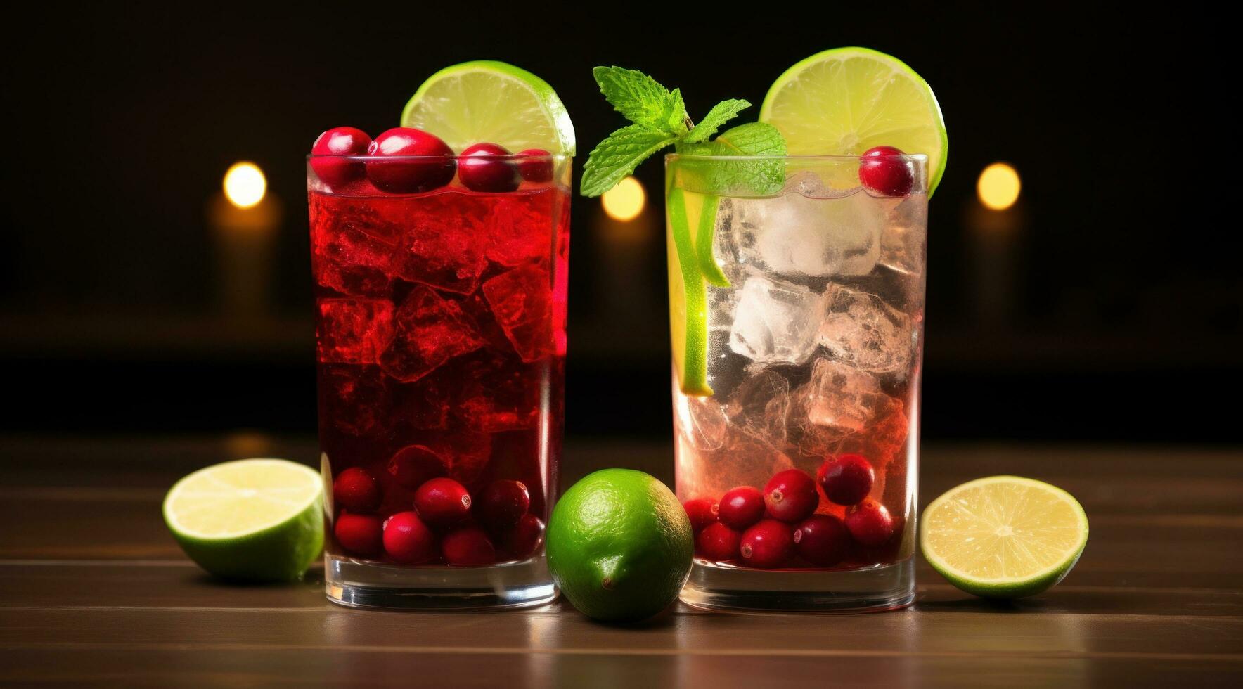 AI generated two drinks with cranberries, ginger, lime and lime zes photo