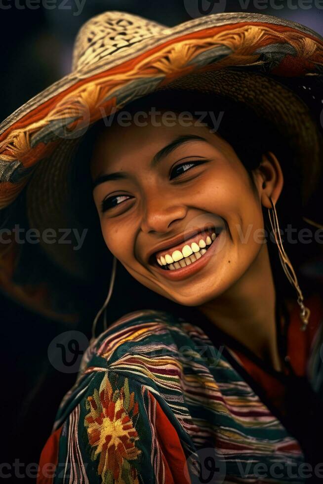 ai generado un sonriente mujer vistiendo un vistoso sombrero foto