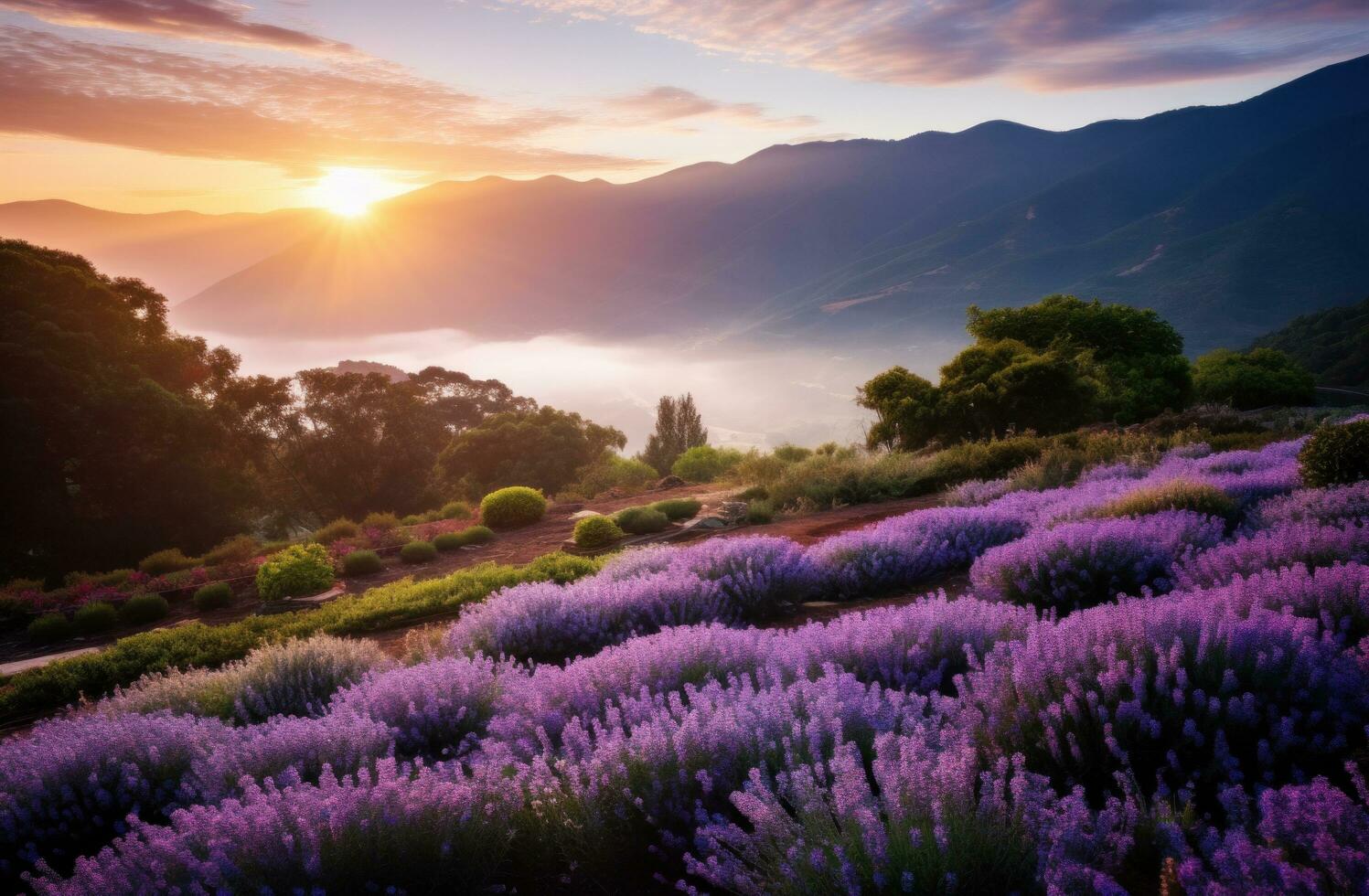 AI generated sunrise over the valley filled with lavender photo