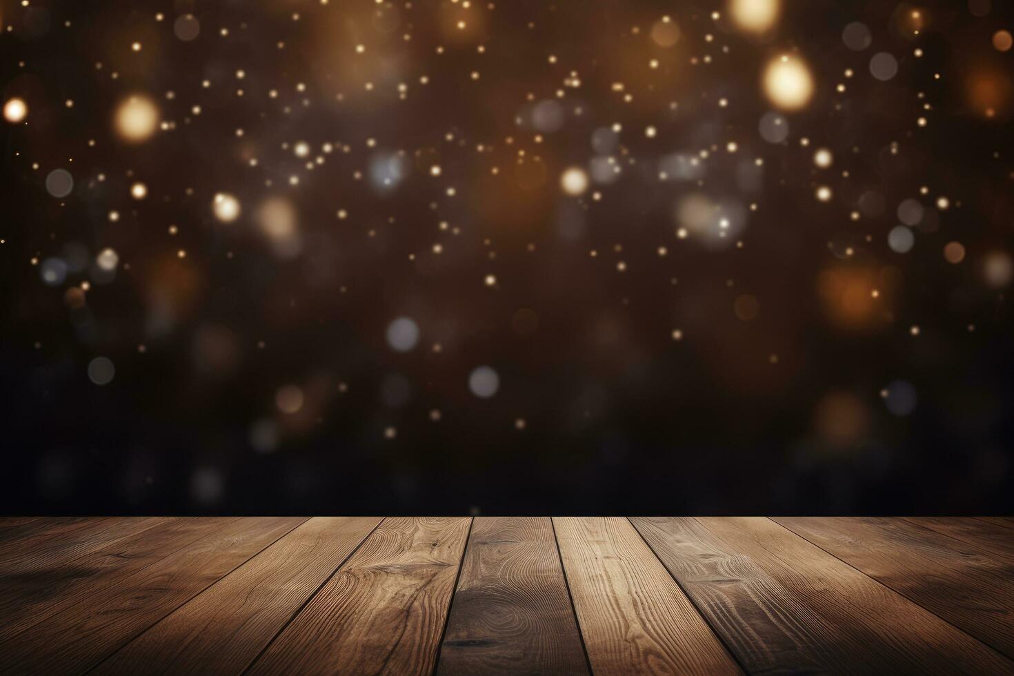 AI generated Empty wooden table top with lights bokeh on blur background An empty wooden counter table top for product display Ai generated photo