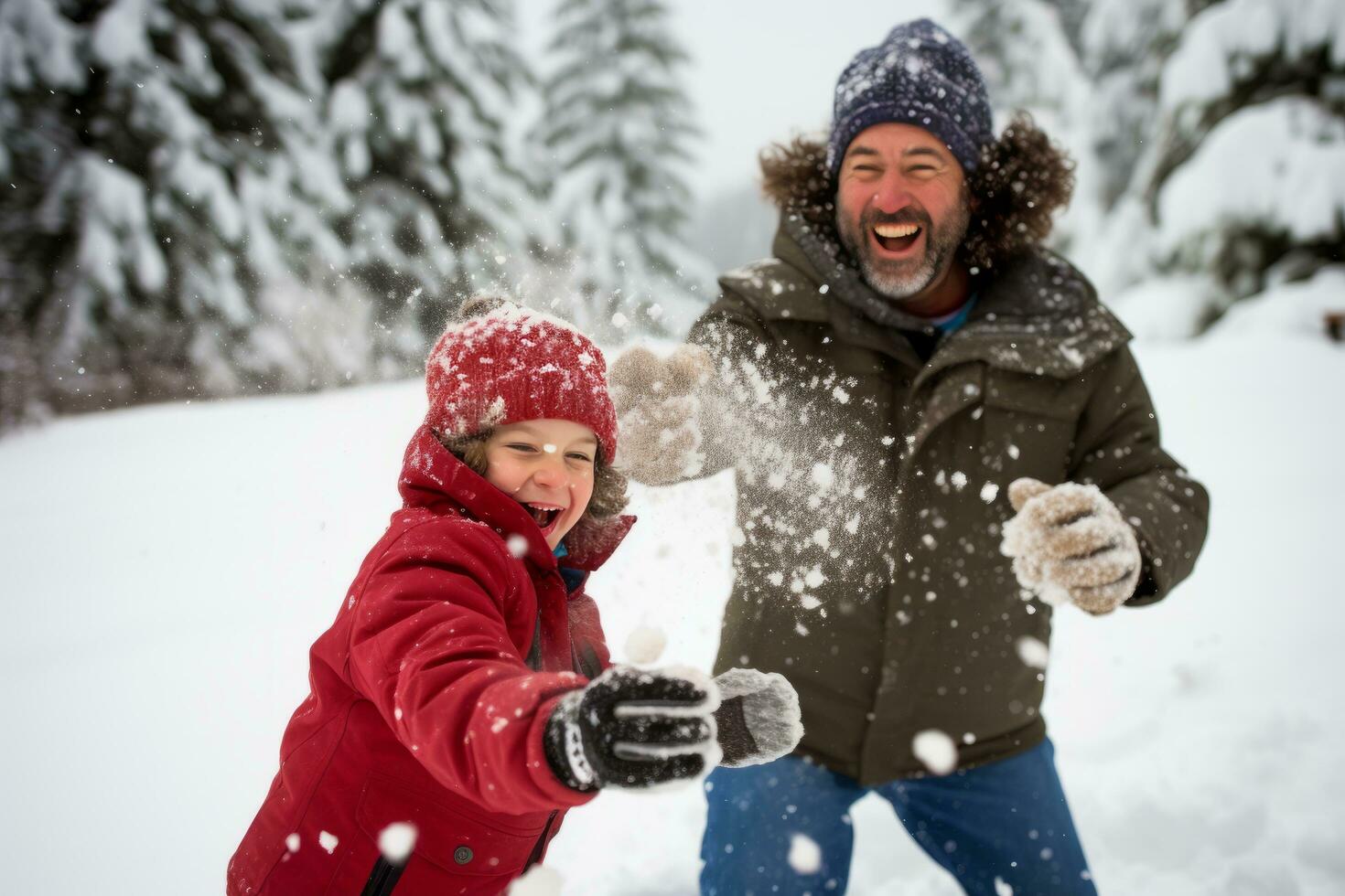 ai generado papá y hijo disfrutar un Nevado día, juguetón bola de nieve peleas foto