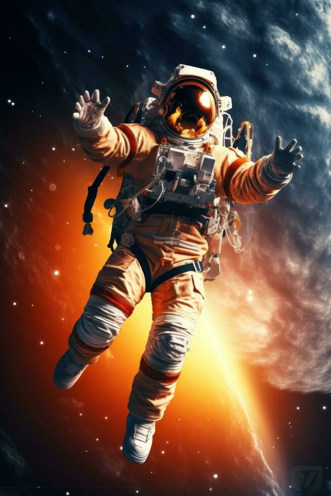 AI generated Astronaut in vivid cosmic background, floating among stars photo