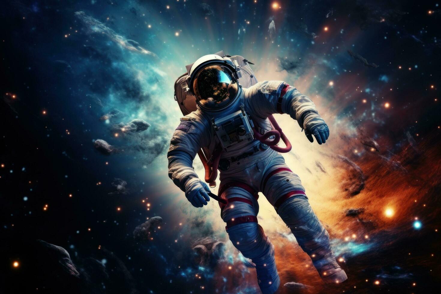 AI generated Astronaut in vivid cosmic background, floating among stars photo