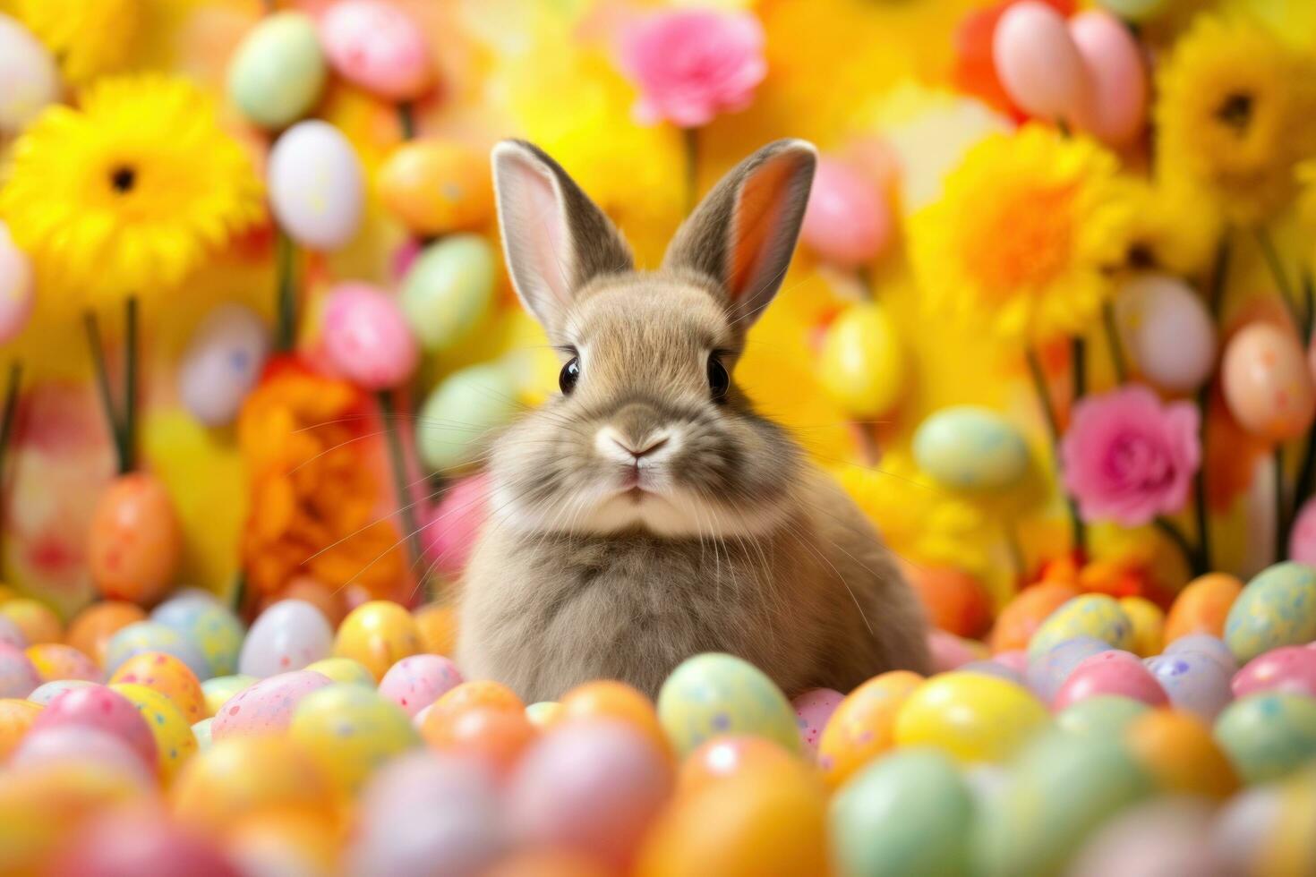 AI generated Vibrant Easter background, eggs, and an adorable bunny, creating joyful and festive vibes photo
