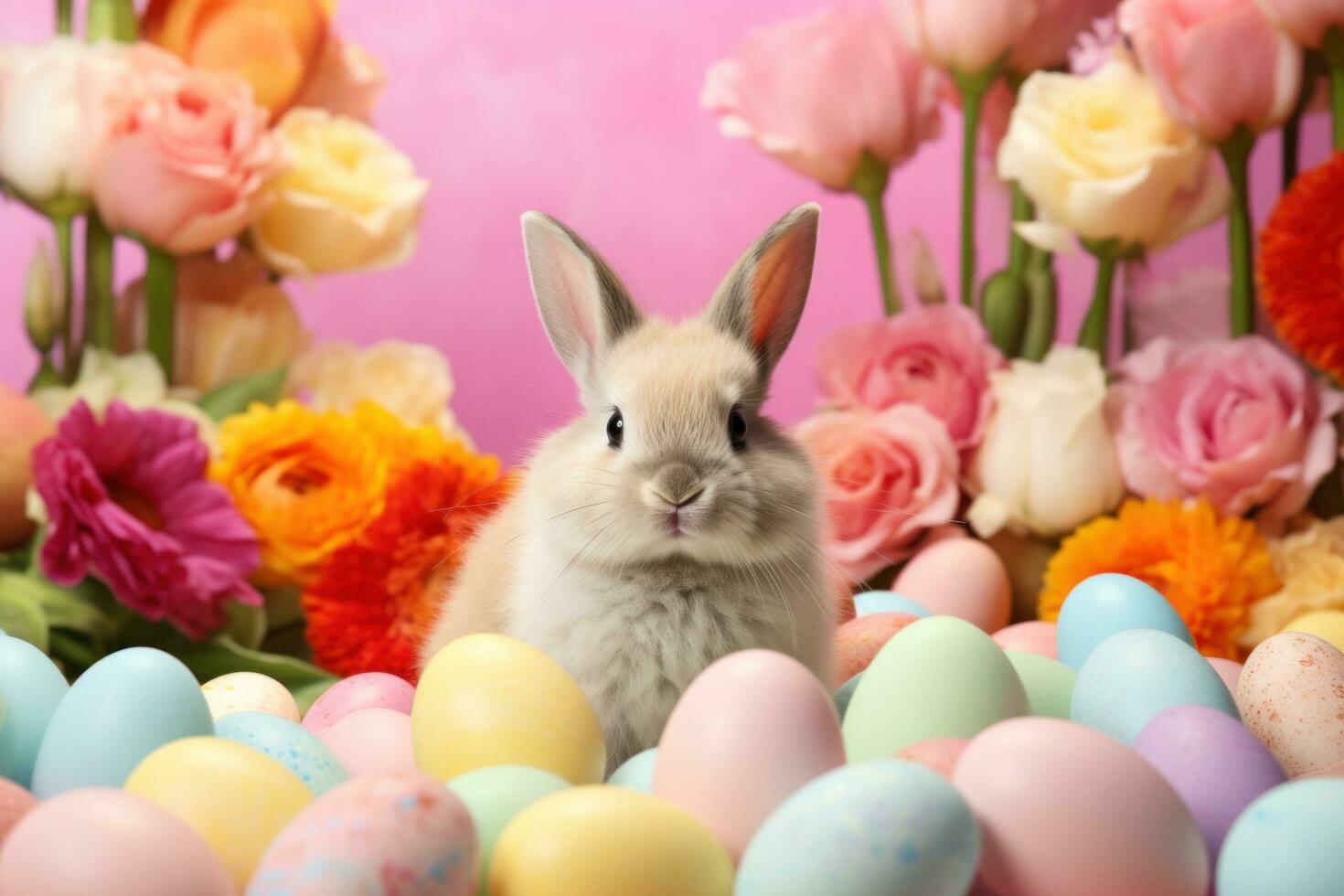 AI generated Vibrant Easter background, eggs, and an adorable bunny, creating joyful and festive vibes photo