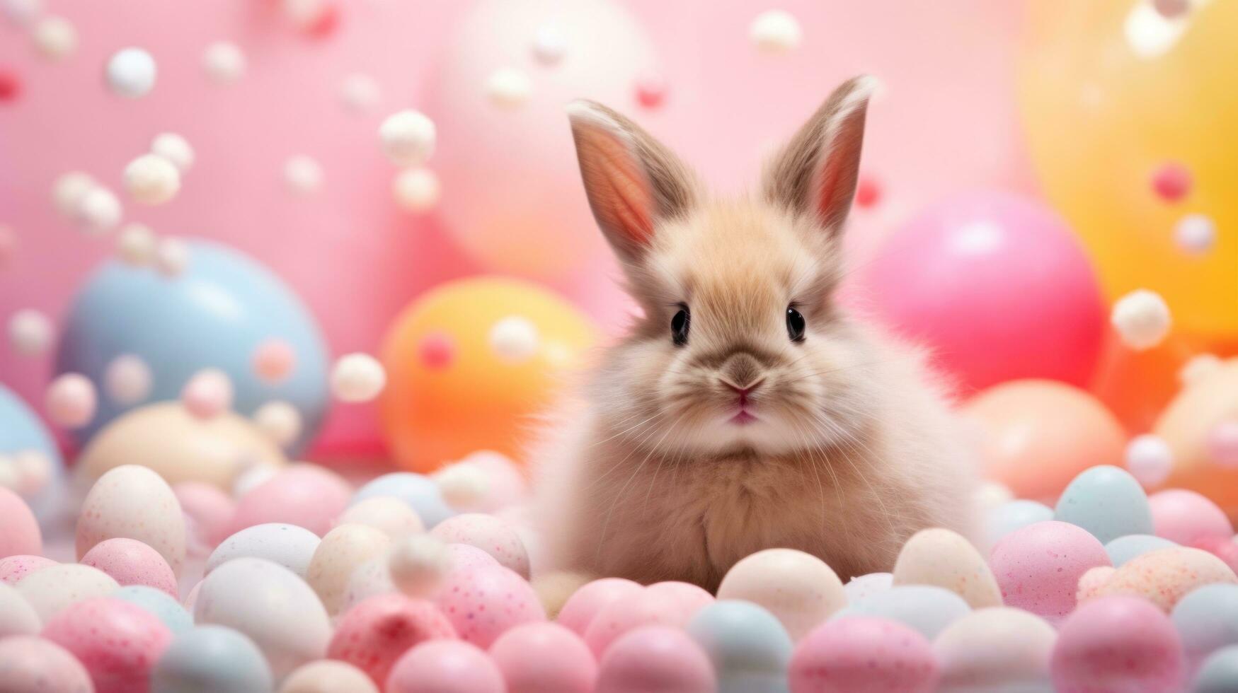 AI generated Vibrant Easter background, eggs, and an adorable bunny, creating joyful and festive vibes photo