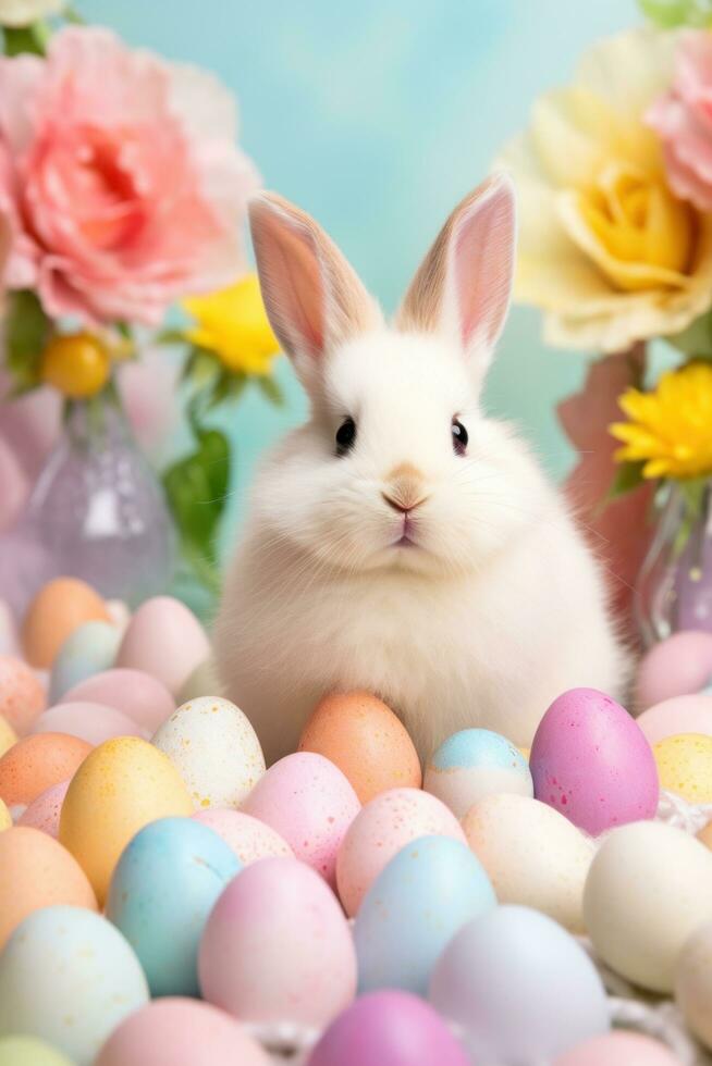 ai generado vibrante Pascua de Resurrección fondo, huevos, y un adorable conejito, creando alegre y festivo vibraciones foto