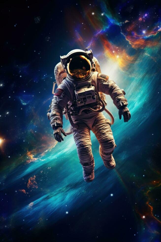 AI generated Astronaut in vivid cosmic background, floating among stars photo