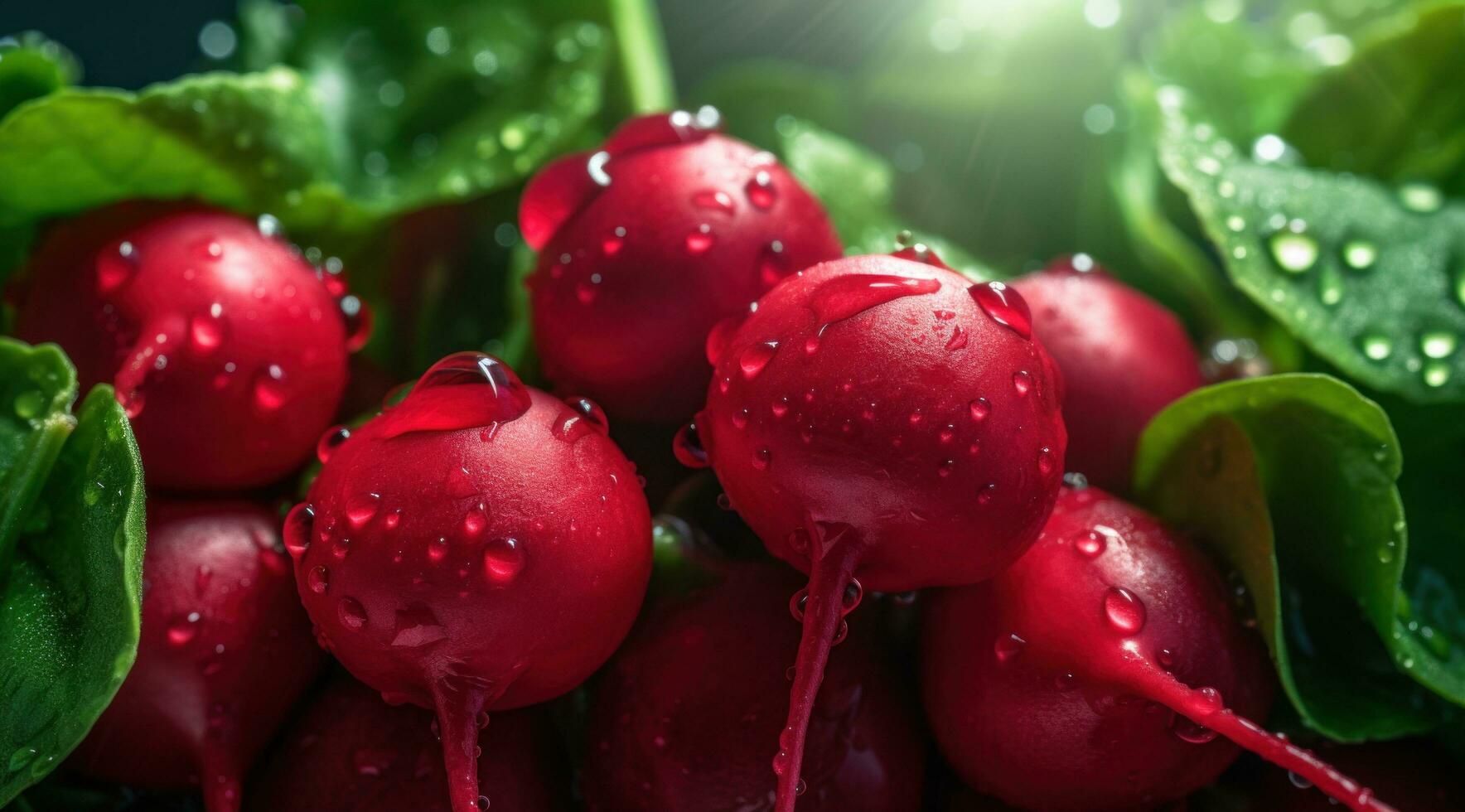 AI generated radishes on a black background with water drops photo